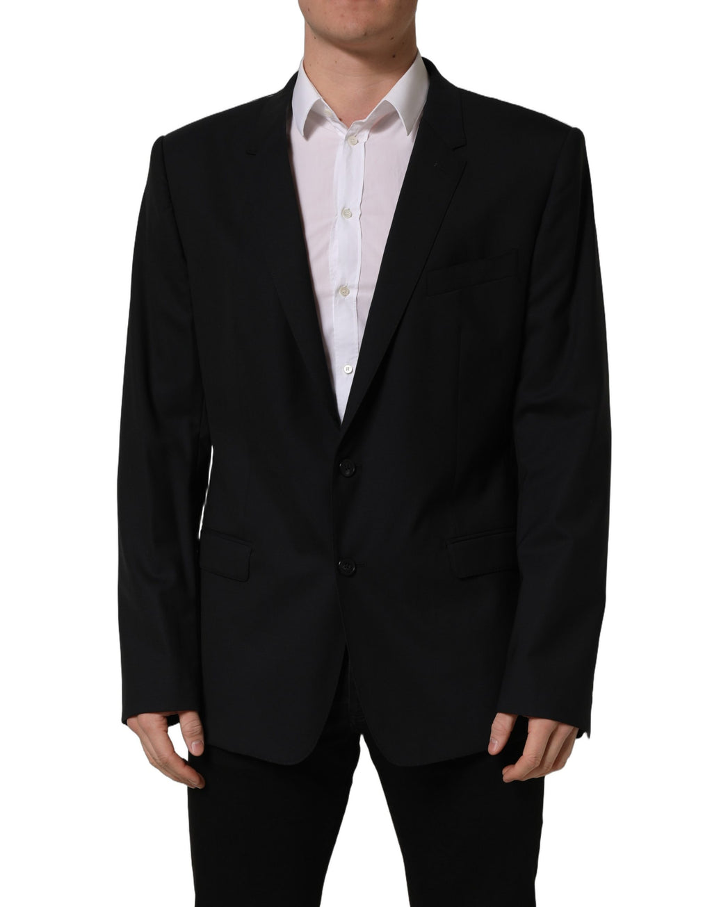 Veste blazer en laine noire de Dolce & Gabbana, coupe simple à un bouton, avec col classique et poches latérales.