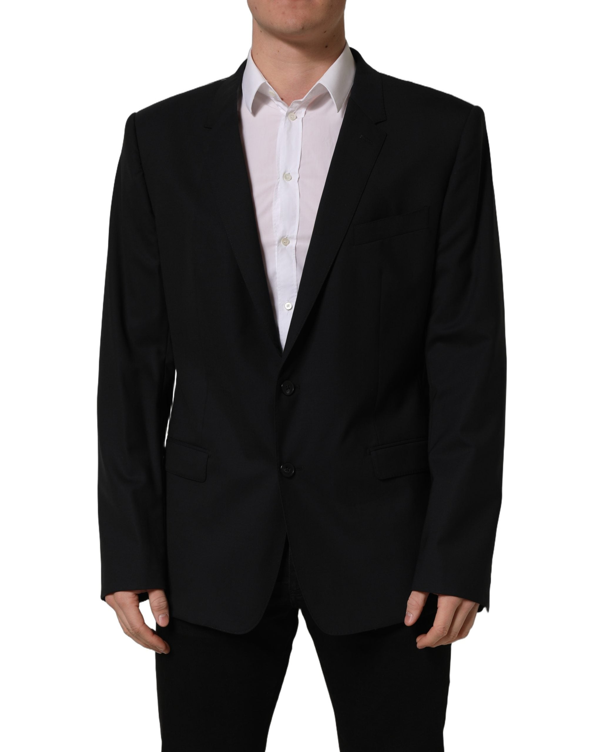 Veste blazer en laine noire de Dolce & Gabbana, coupe simple à un bouton, avec col classique et poches latérales.