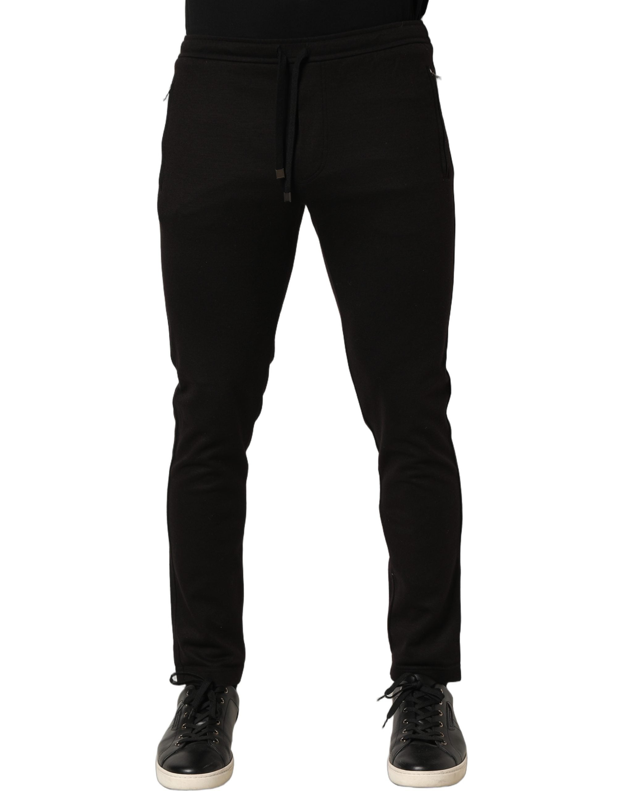Pantalon jogger en laine noire de Dolce & Gabbana pour homme, pantalon décontracté avec poches et taille élastique.