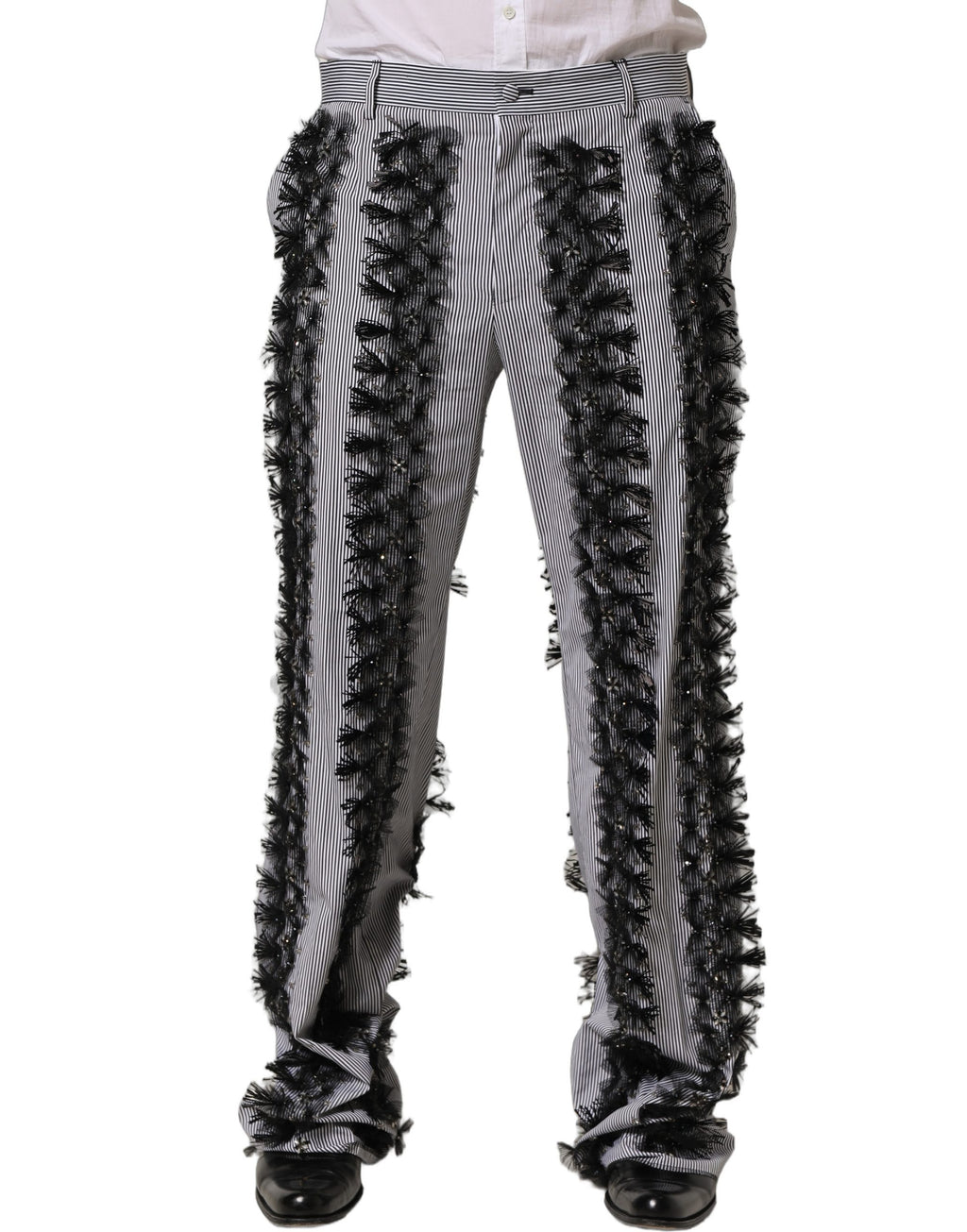 Pantalon Dolce & Gabbana à rayures noires et grises avec embellissements, pantalon de costume élégant pour femmes.