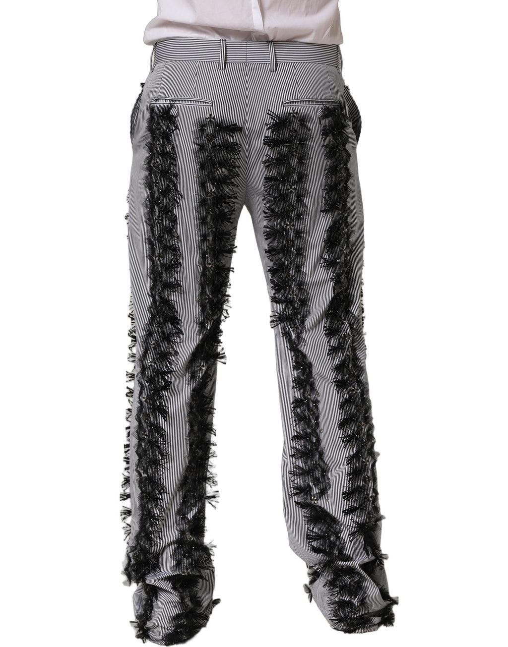 Pantalon Dolce & Gabbana à rayures noires et grises avec embellissements, pantalon de costume élégant pour femmes.