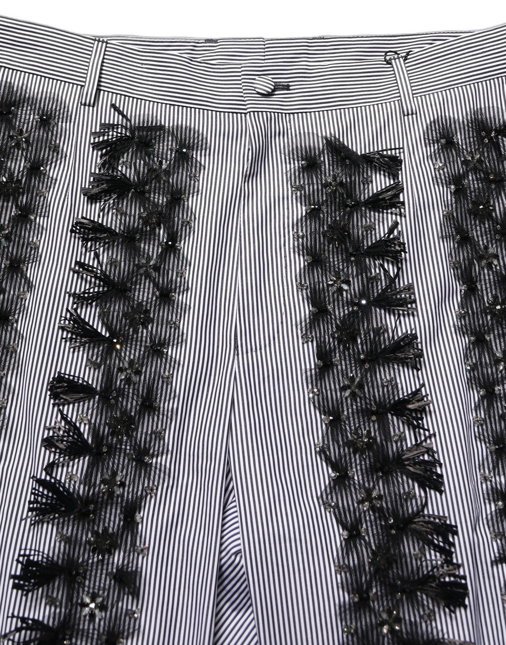 Pantalon Dolce & Gabbana noir et gris à rayures pinstripe avec embellissements, pantalon élégant pour femme.