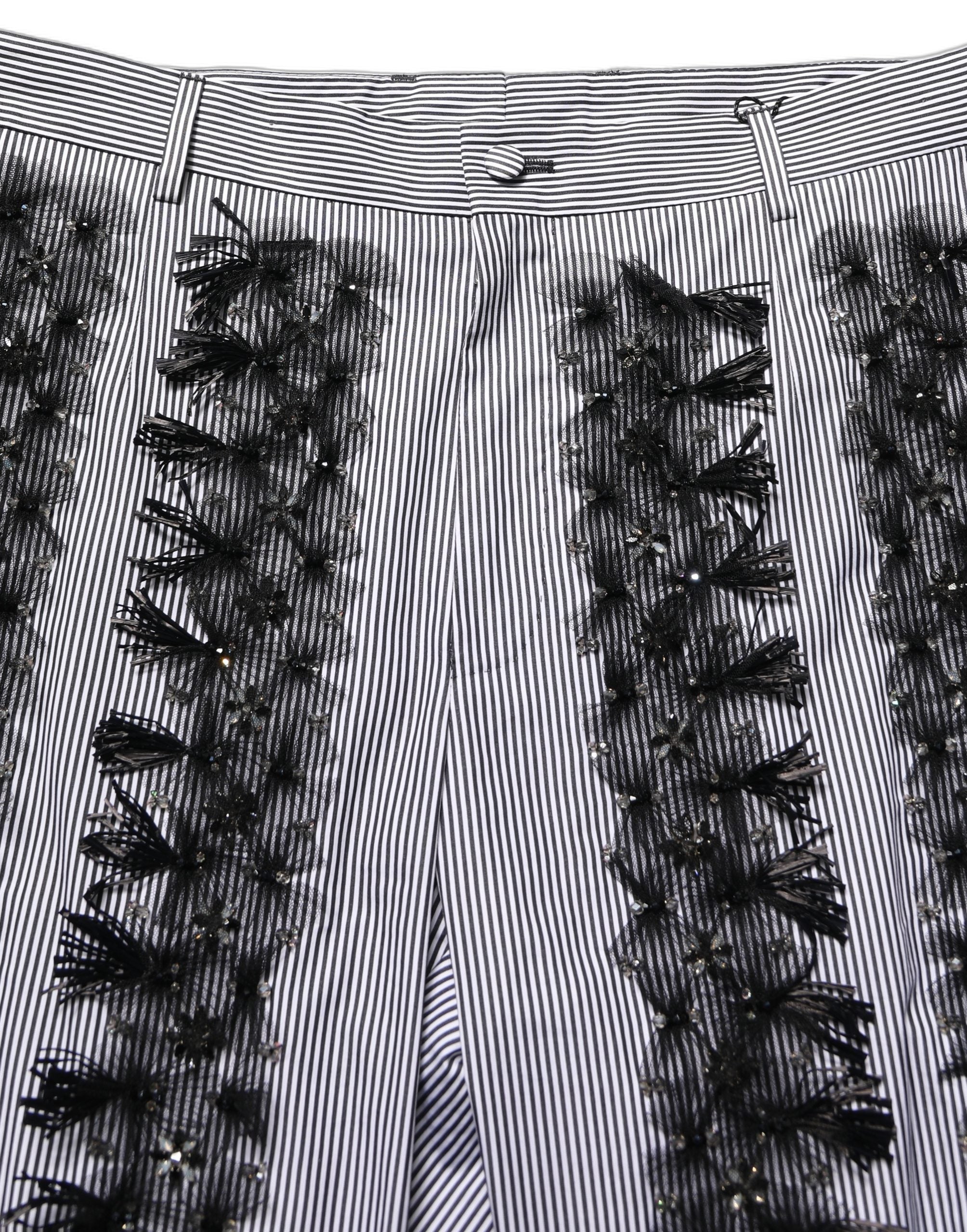 Pantalon Dolce & Gabbana noir et gris à rayures pinstripe avec embellissements, pantalon élégant pour femme.