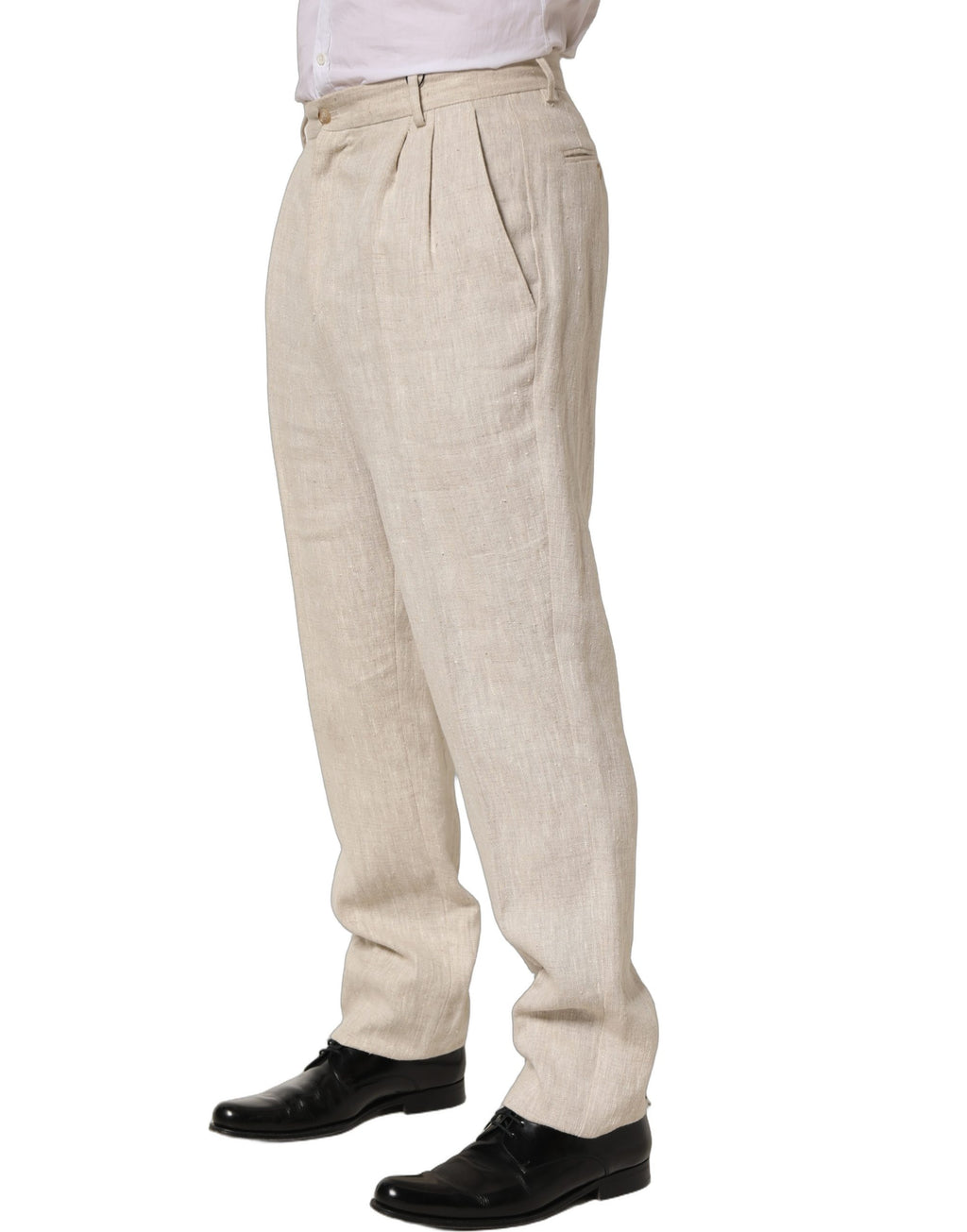 Pantalon homme beige en lin Dolce & Gabbana, pantalon tapered élégant pour homme, vue sur le tissu et la coupe.