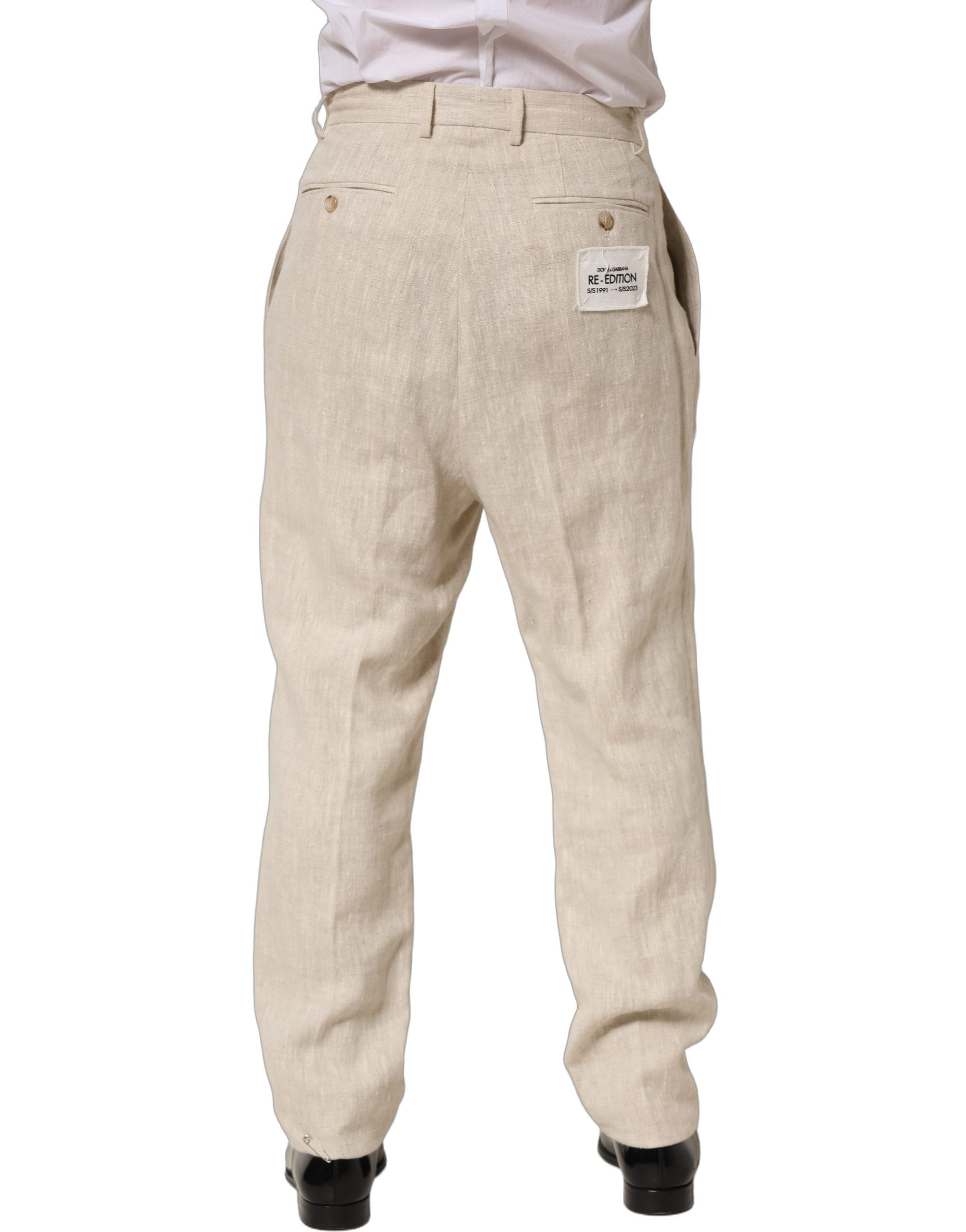 Pantalon homme beige en lin Dolce & Gabbana, pantalon coupe tapered élégant et confortable pour hommes.