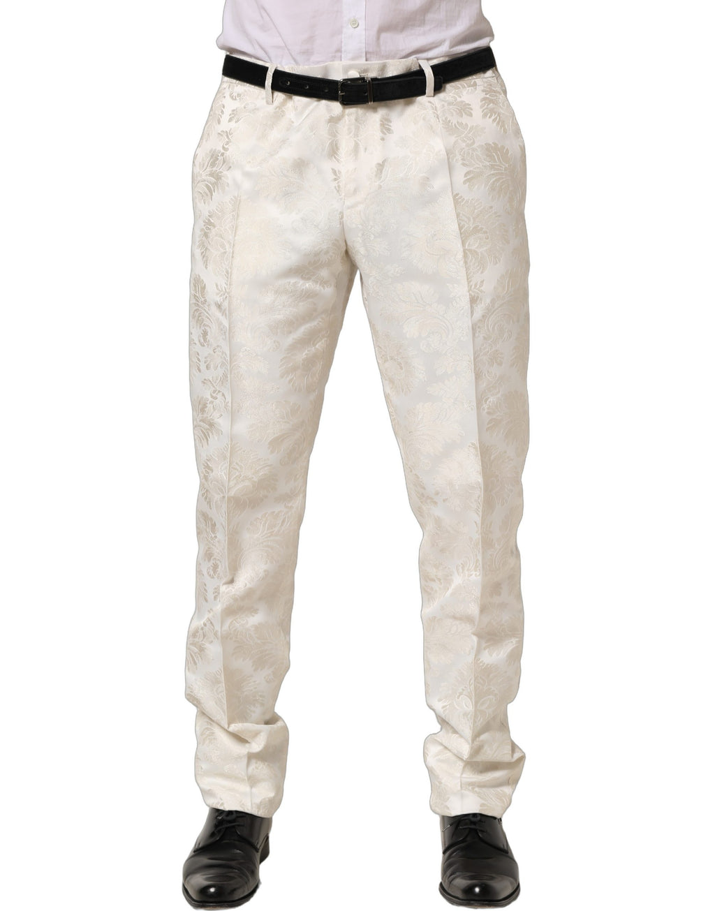 Pantalon homme Dolce & Gabbana blanc à fleurs, pantalon formel élégant pour homme, vue de face.