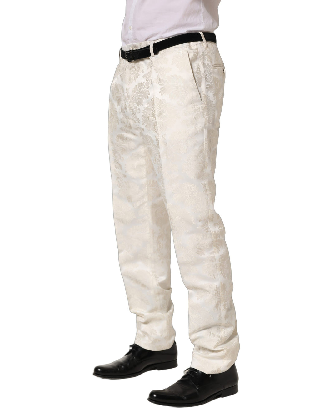 Pantalon homme Dolce & Gabbana blanc à fleurs, pantalon de costume formel pour homme, style élégant et sophistiqué.