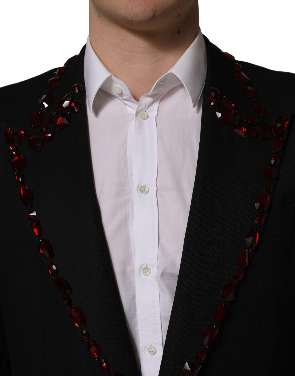 Costume deux pièces Dolce & Gabbana noir orné de cristaux, veste et pantalon élégants et sophistiqués.