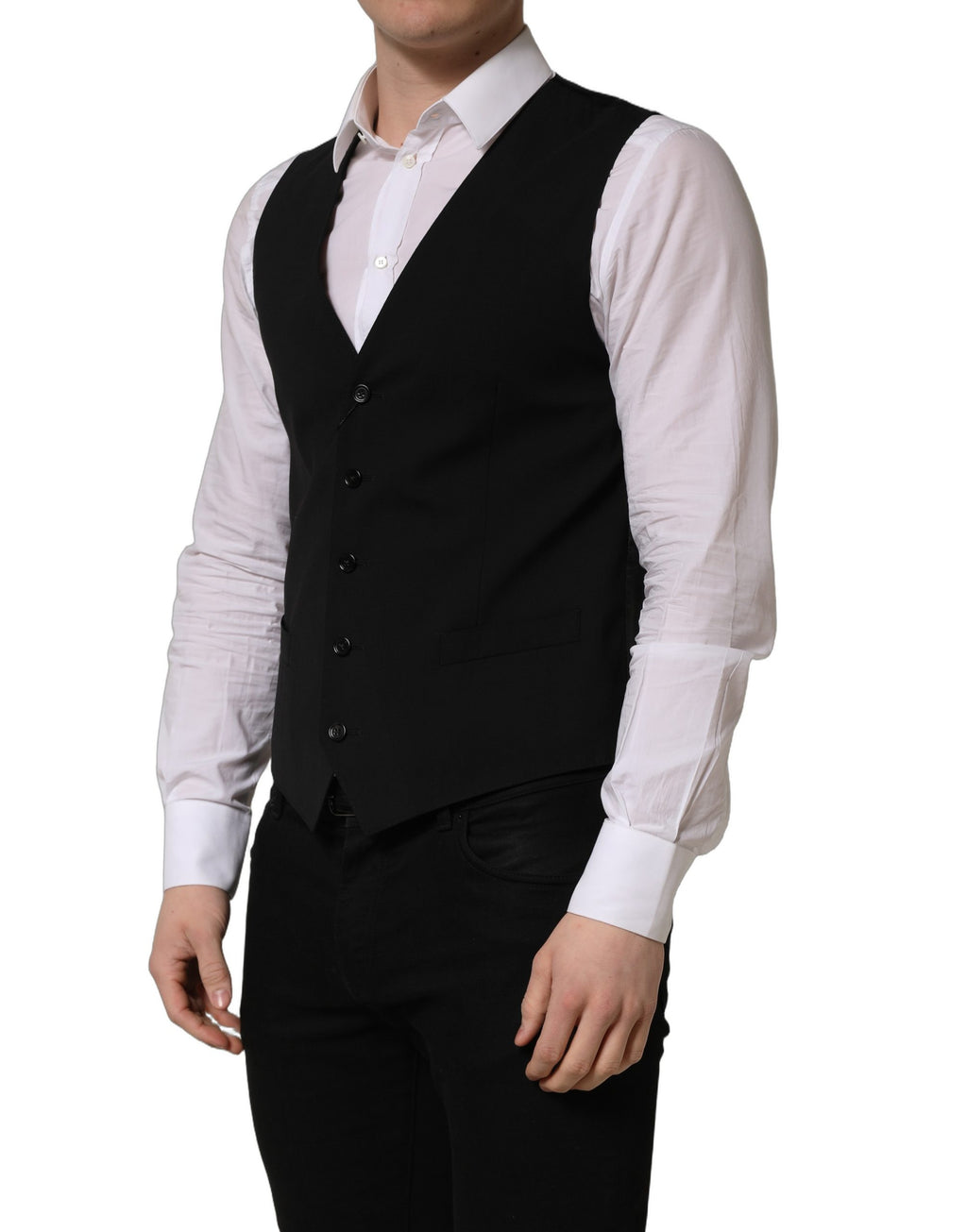 Gilet en laine noir Dolce & Gabbana à boutonnière simple, ajusté, avec col en V et détails élégants pour homme.