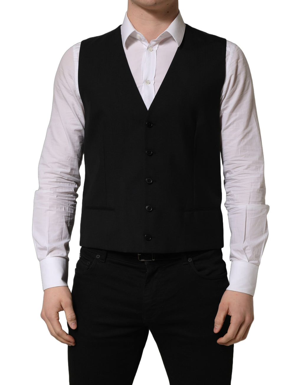 Gilet noir en laine à simple boutonnage de Dolce & Gabbana, veste homme élégante avec col et poches frontales.