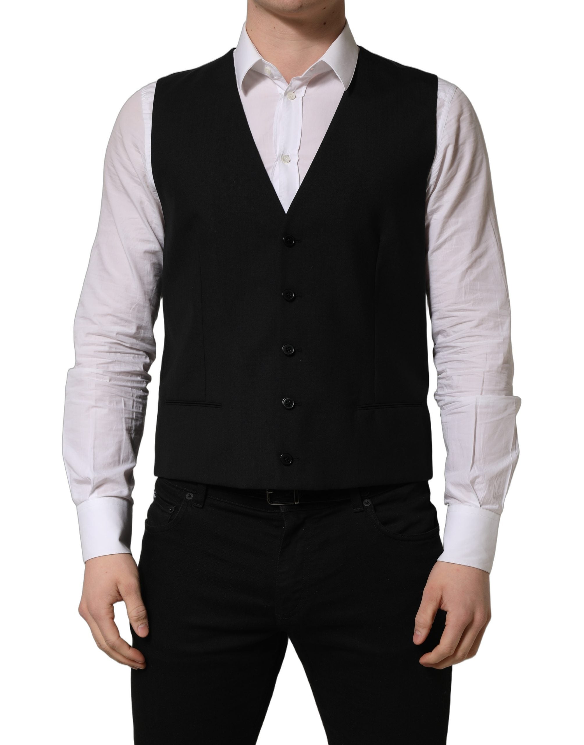 Gilet noir en laine à simple boutonnage de Dolce & Gabbana, veste homme élégante avec col et poches frontales.