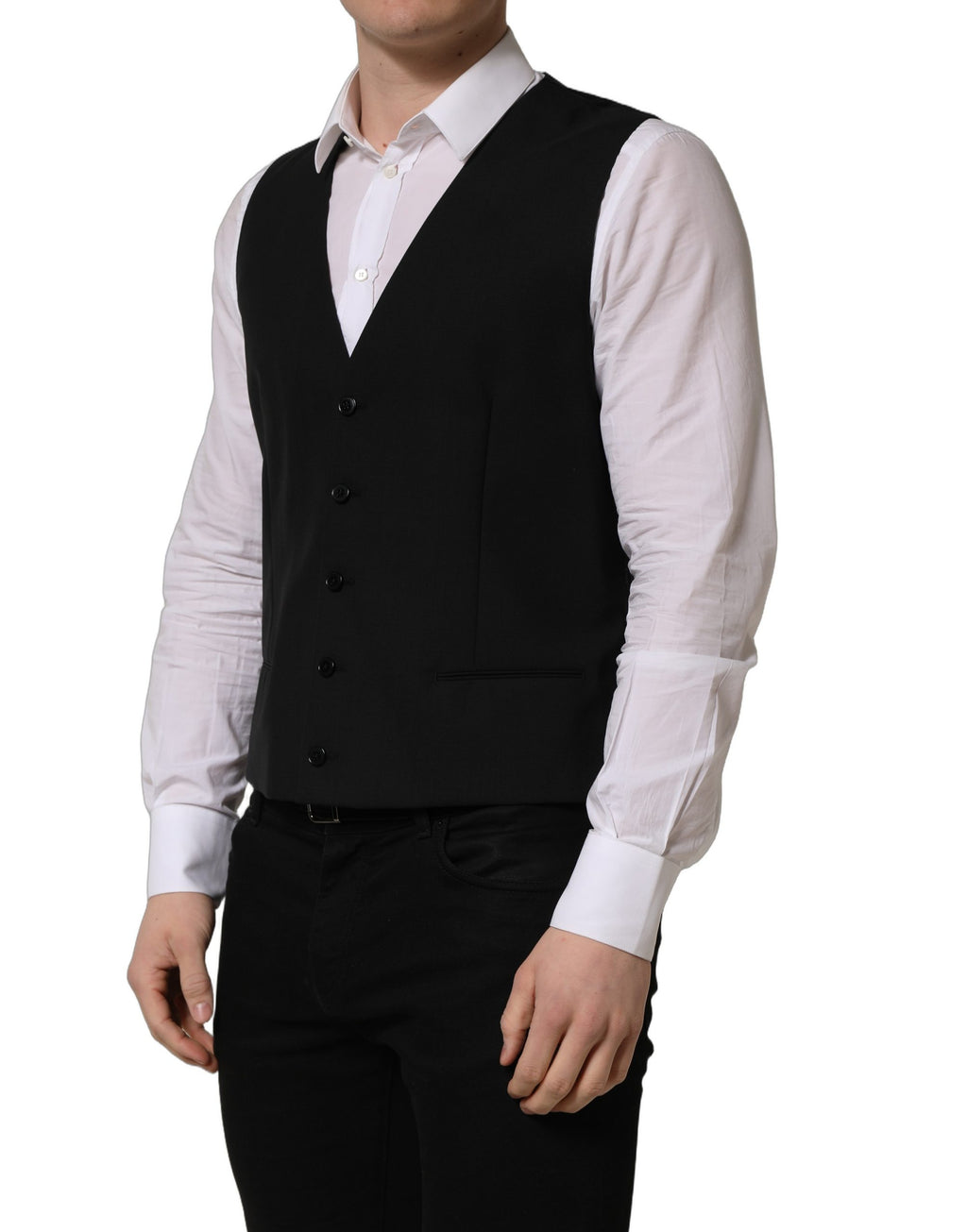 Gilet noir en laine Dolce & Gabbana à boutonnière simple, veste ajustée et élégante pour homme.