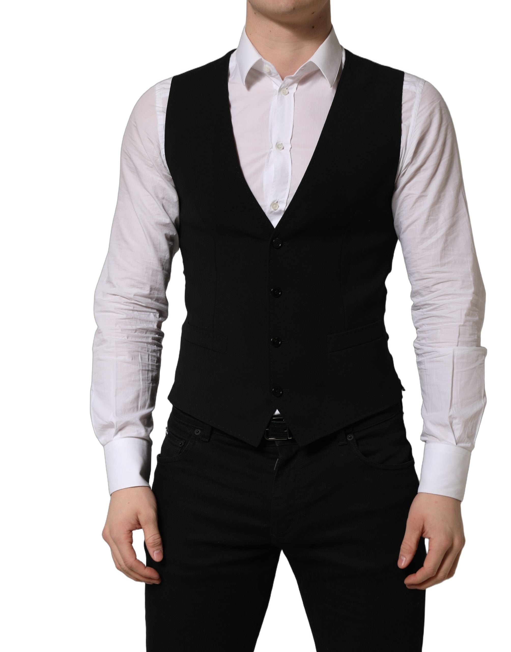 Gilet noir en laine à un seul boutonnage de Dolce & Gabbana, veste élégante pour homme, détail classique et tissu de qualité