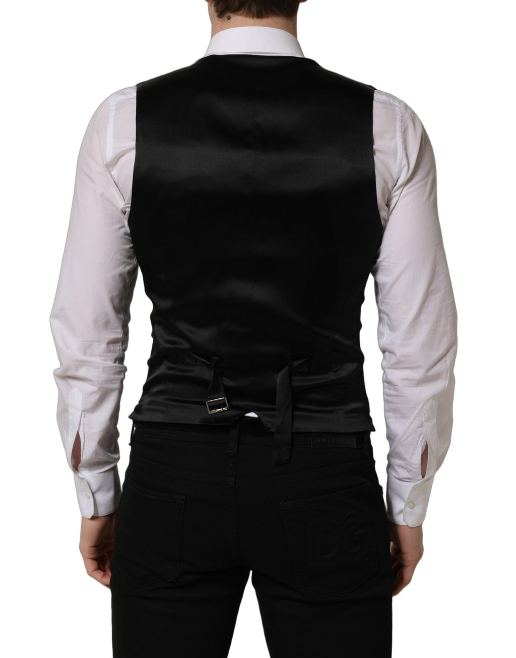 Gilet en laine noire Dolce & Gabbana à simple boutonnage, veste cintrée élégante pour homme.