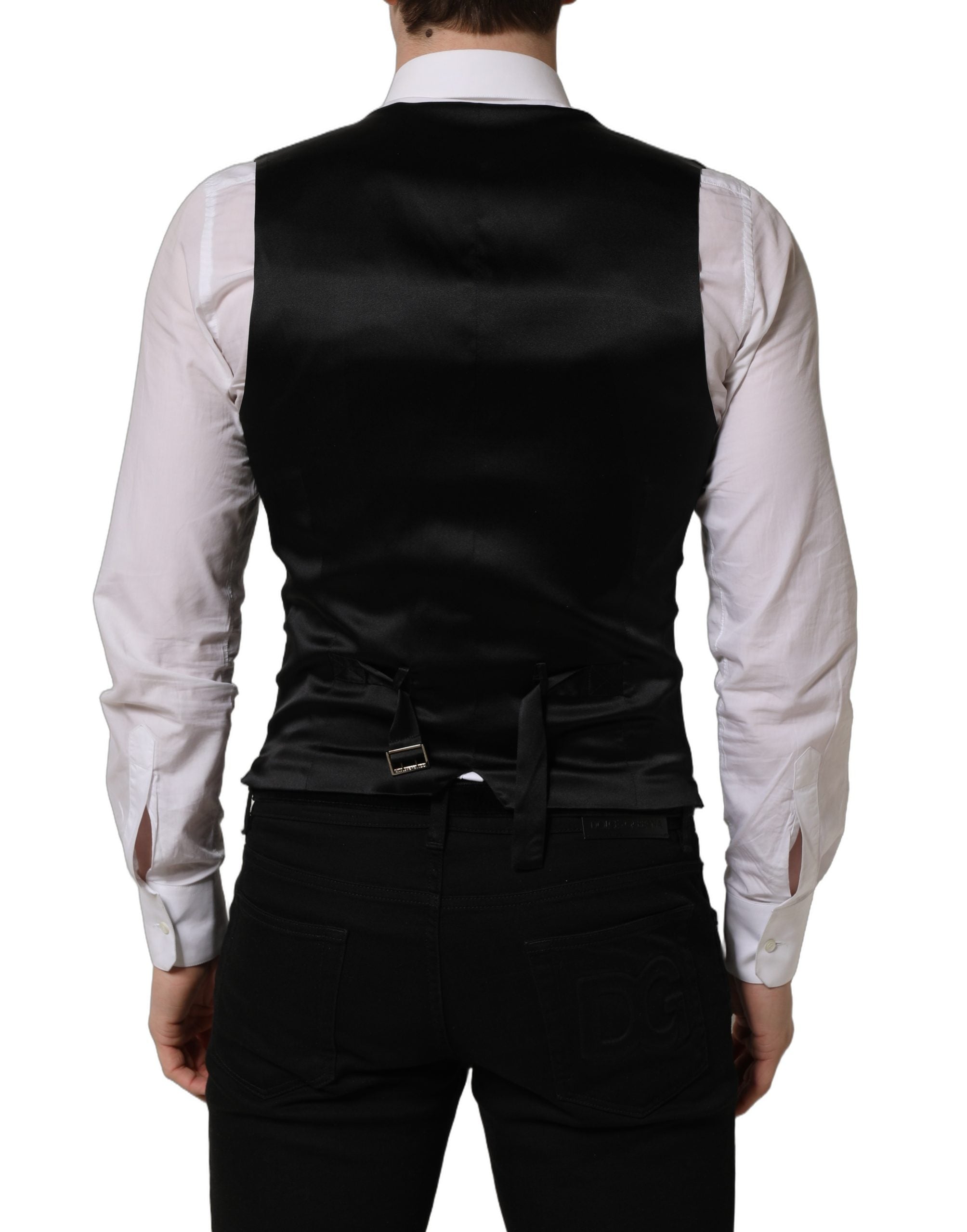 Gilet en laine noire Dolce & Gabbana à simple boutonnage, veste cintrée élégante pour homme.