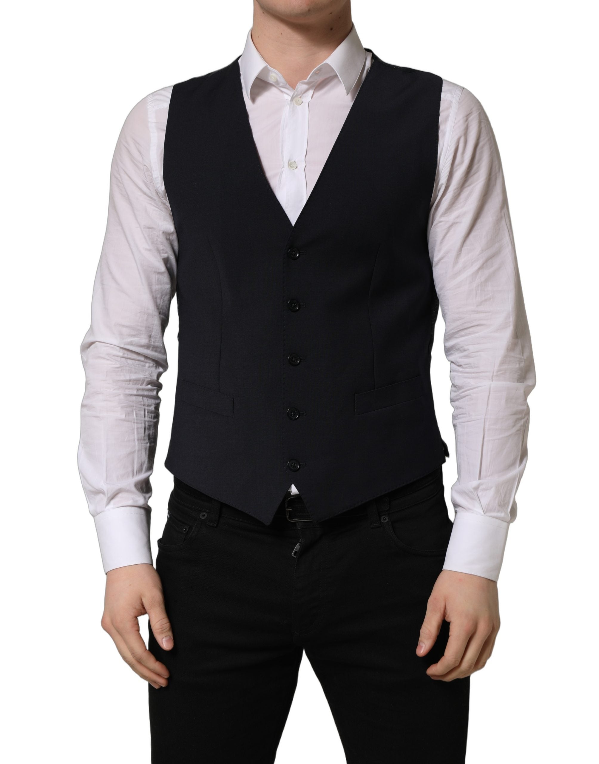 Gilet noir en laine Dolce & Gabbana à simple boutonnage, élégant et classique, porté sur un mannequin.