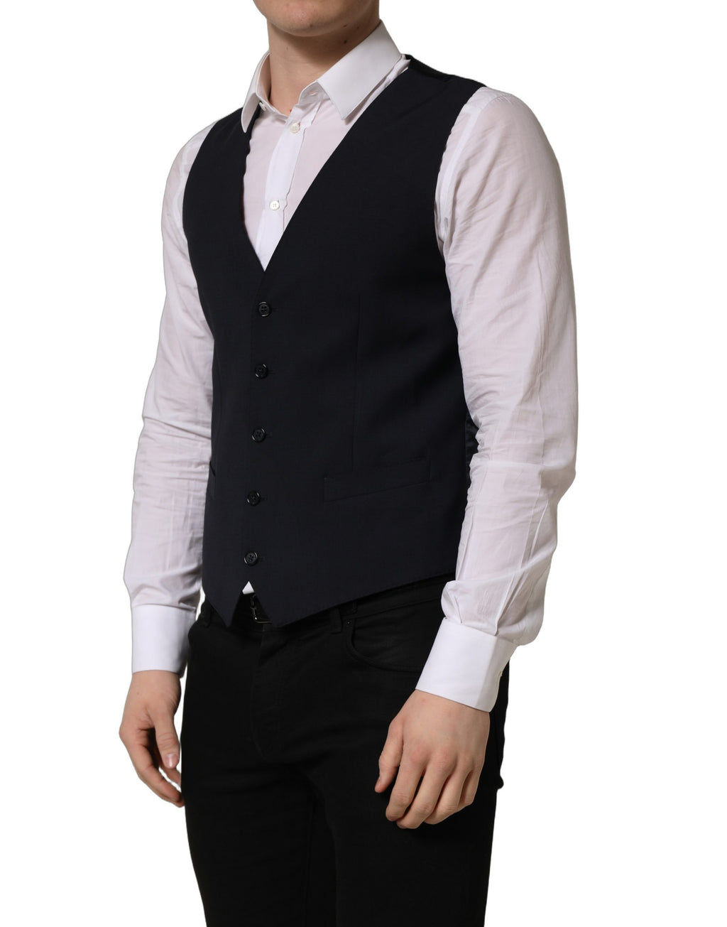 Gilet en laine noir Dolce & Gabbana à simple boutonnage, veste élégante pour homme, finition soignée et style sophistiqué.