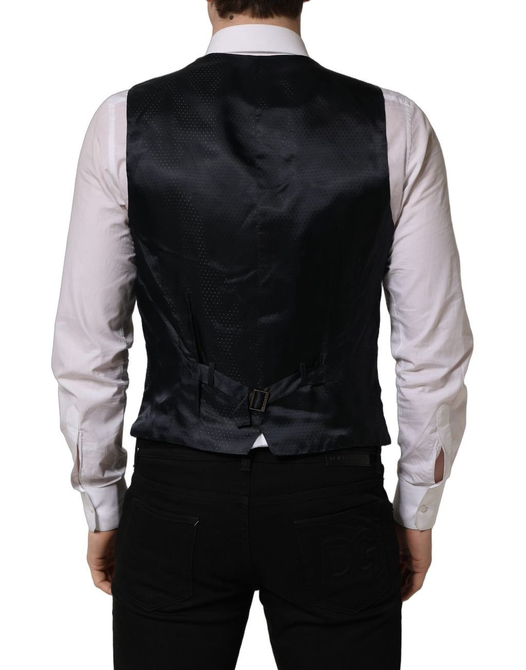 Gilet en laine noir Dolce & Gabbana à un seul boutonnage, veste élégante pour homme, détail en tissu fin et coupe ajustée.