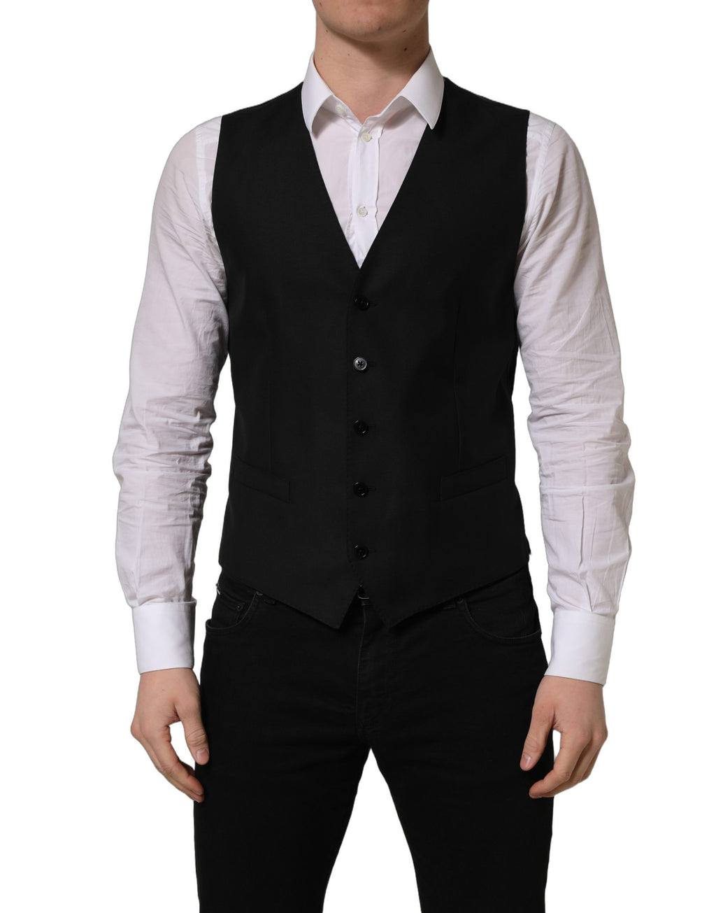Gilet noir en laine Dolce & Gabbana à un seul rang de boutons, veste ajustée élégante pour homme.