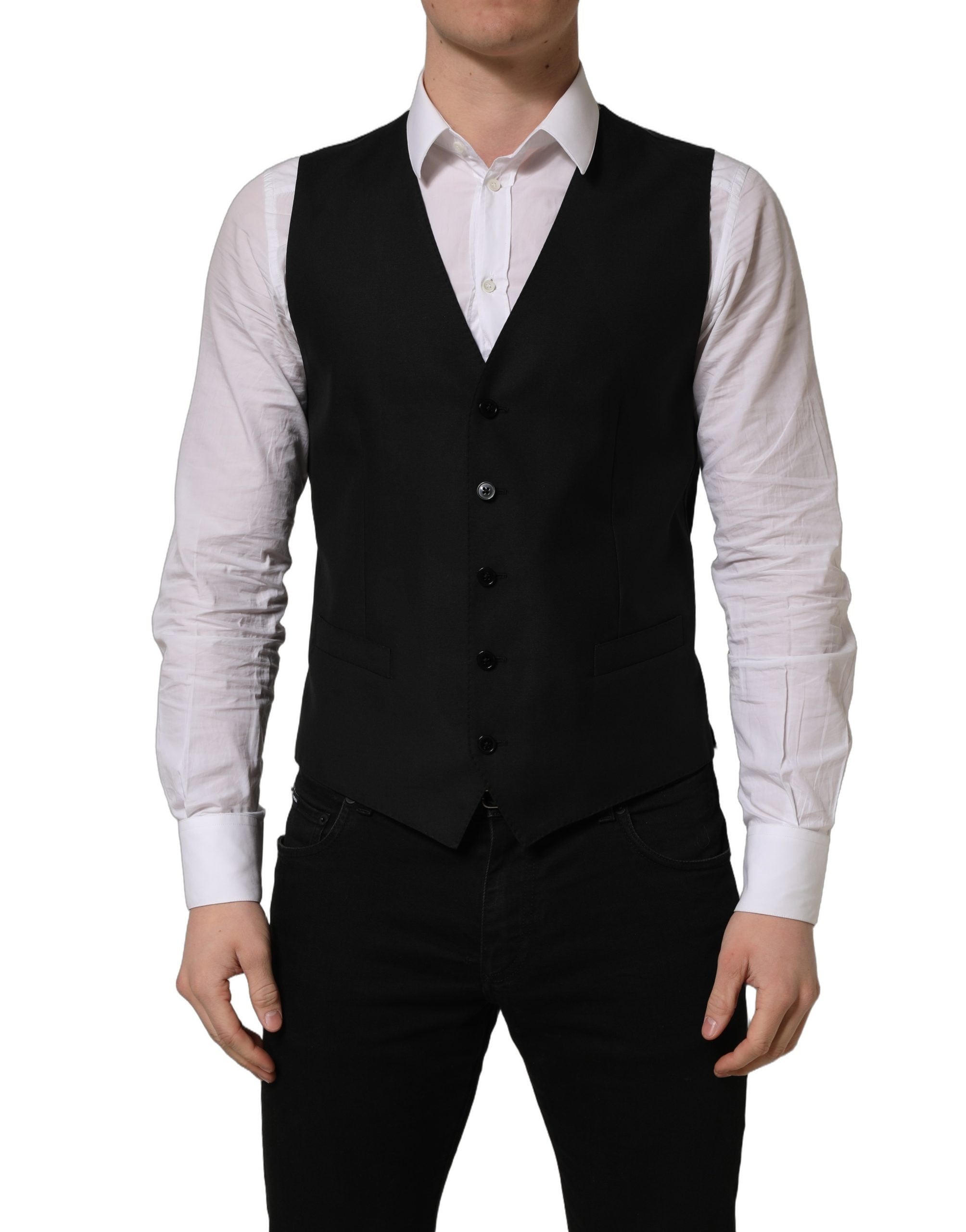 Gilet noir en laine Dolce & Gabbana à un seul rang de boutons, veste ajustée élégante pour homme.