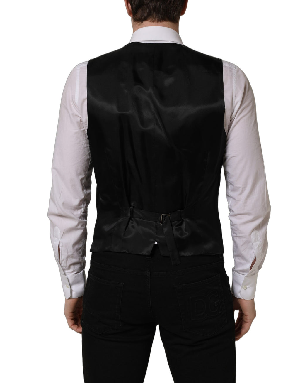Gilet en laine noir Dolce & Gabbana à boutons simples, veste cintrée élégante pour homme.