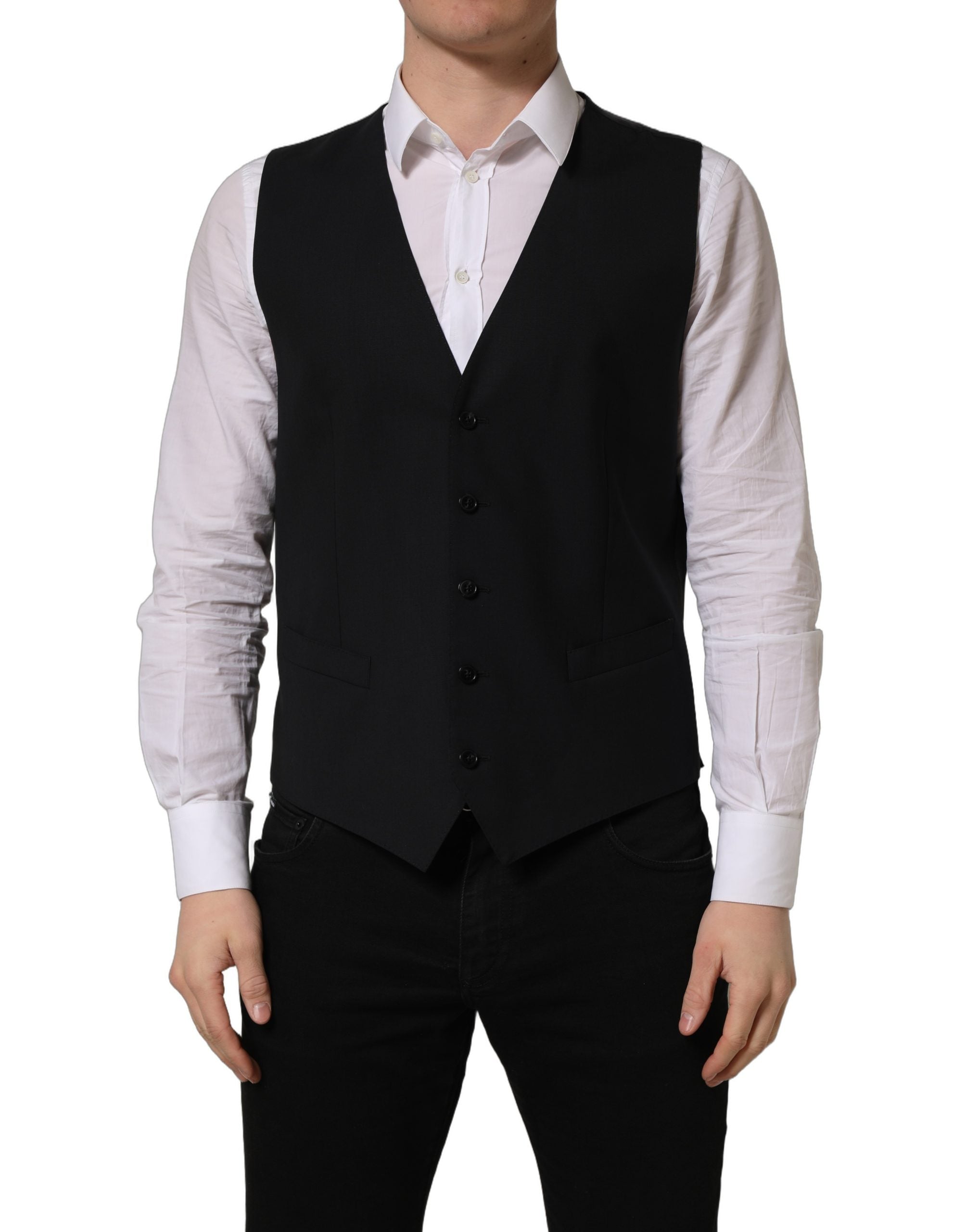 Gilet noir en laine Dolce & Gabbana à simple boutonnage, veste cintrée avec col en laine et détails élégants.