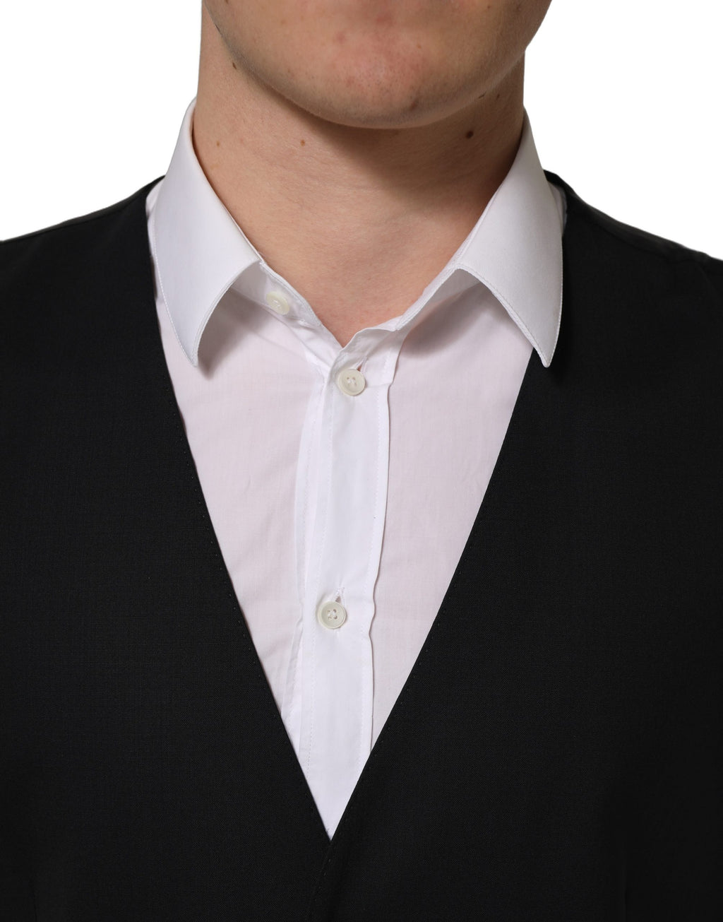 Gilet croisé en laine noire Dolce & Gabbana, veste sans manches élégante pour homme, détails de couture précis et finition raffinée.