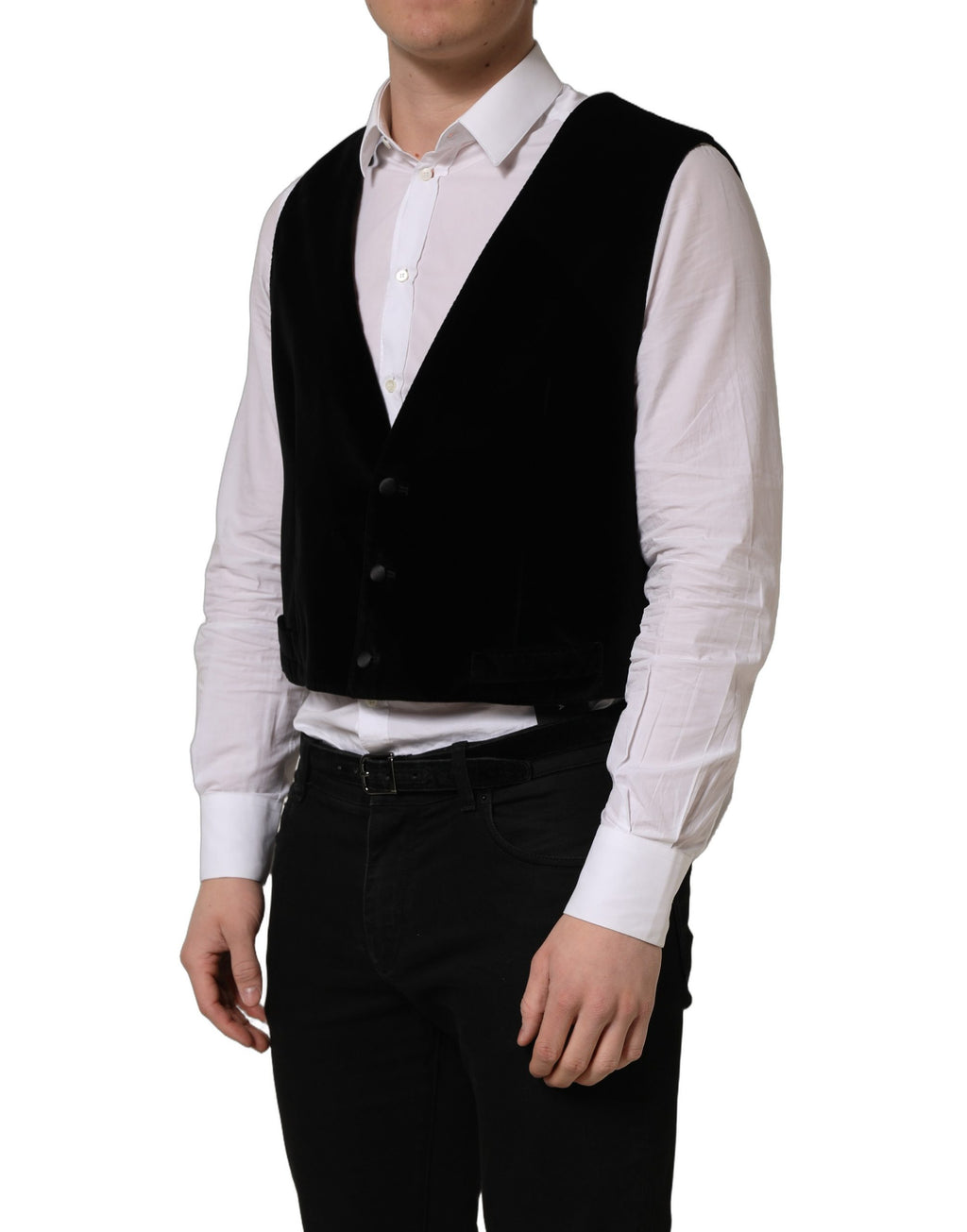 Gilet noir en coton Dolce & Gabbana à boutonnière simple, porté sur un mannequin.
