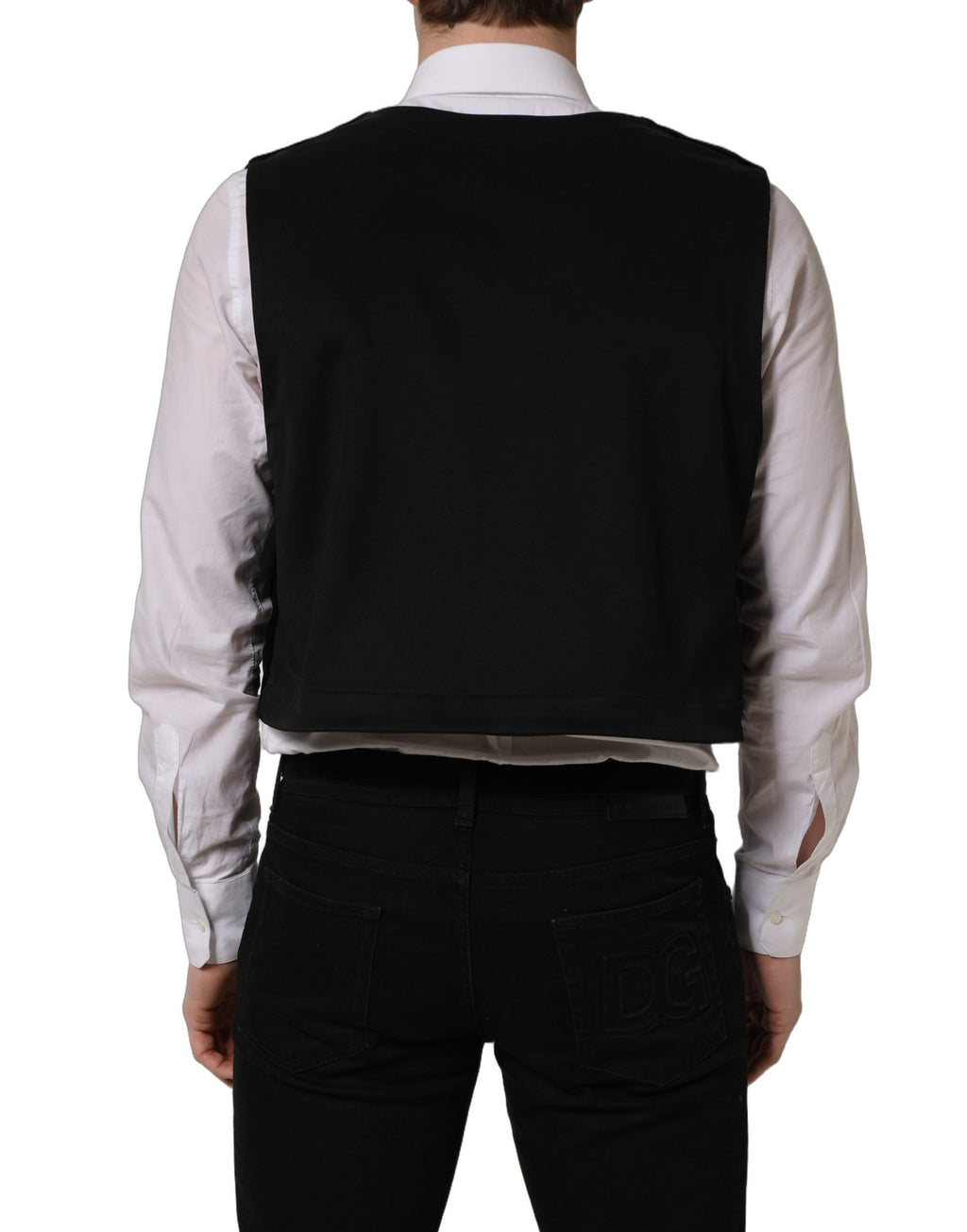 Gilet noir en coton Dolce & Gabbana à simple boutonnage, veste élégante pour homme, détail de couture visible.