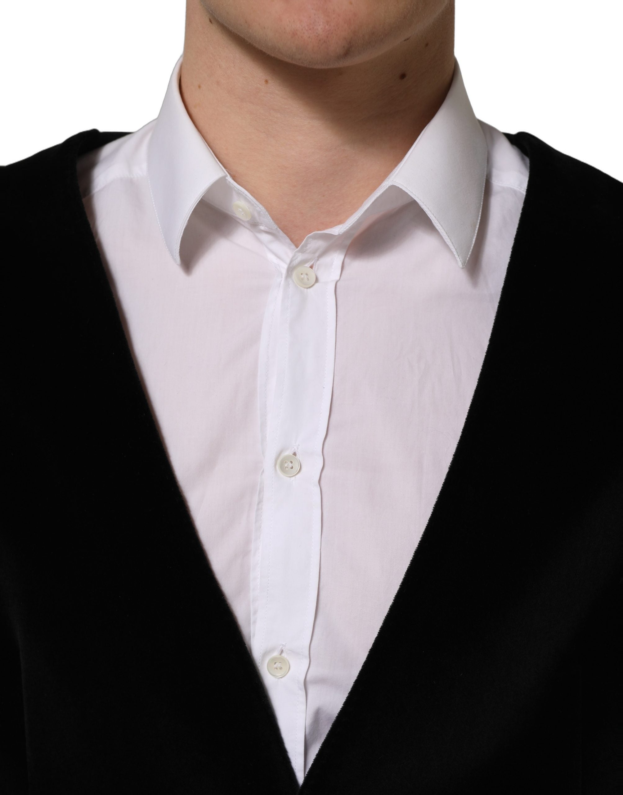 Gilet noir en coton Dolce & Gabbana à boutonnage simple, élégant et ajusté, porté sur un mannequin.