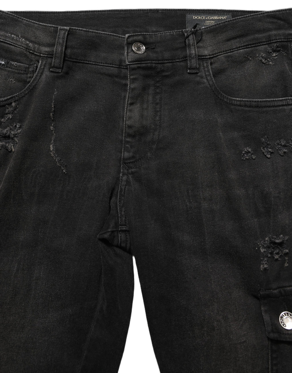 Pantalon cargo en coton noir distressed de Dolce & Gabbana pour homme, denim avec détails usés.