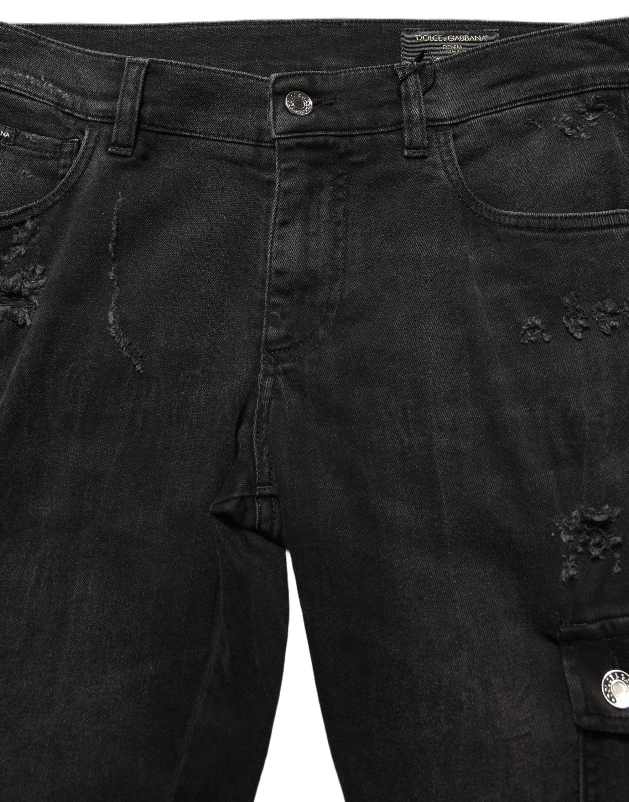 Pantalon cargo en coton noir distressed de Dolce & Gabbana pour homme, denim avec détails usés.