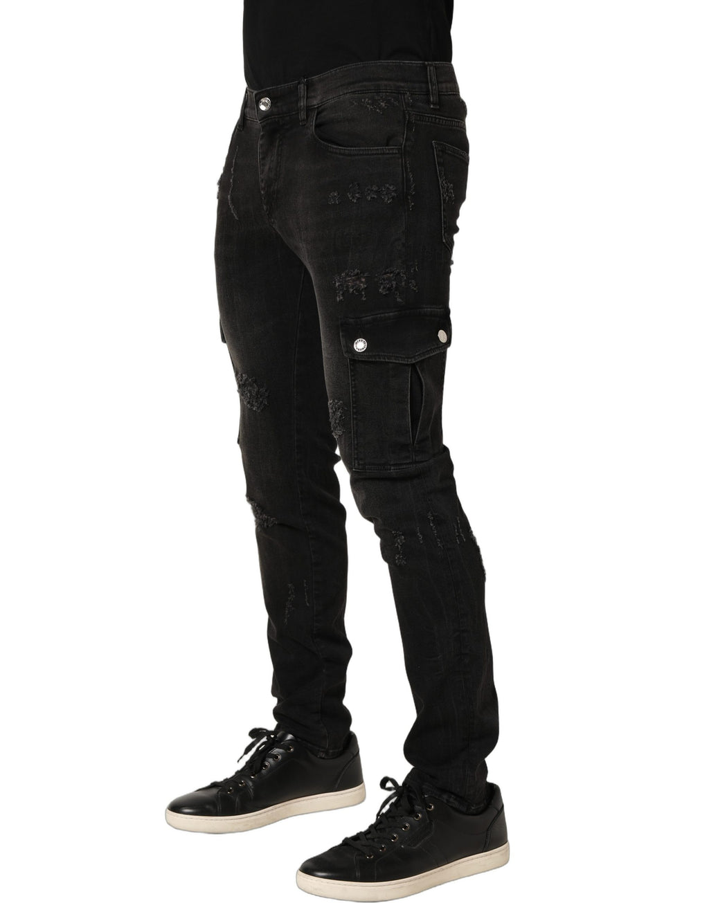 Jeans cargo en coton noir délavé de Dolce & Gabbana pour homme, style déchiré et usé avec une coupe décontractée.