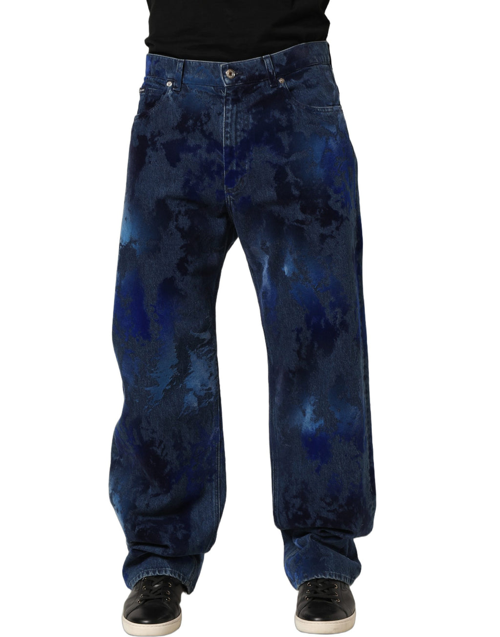 Jeans droits en coton bleu tie-dye Dolce & Gabbana pour homme, style décontracté avec motif coloré.