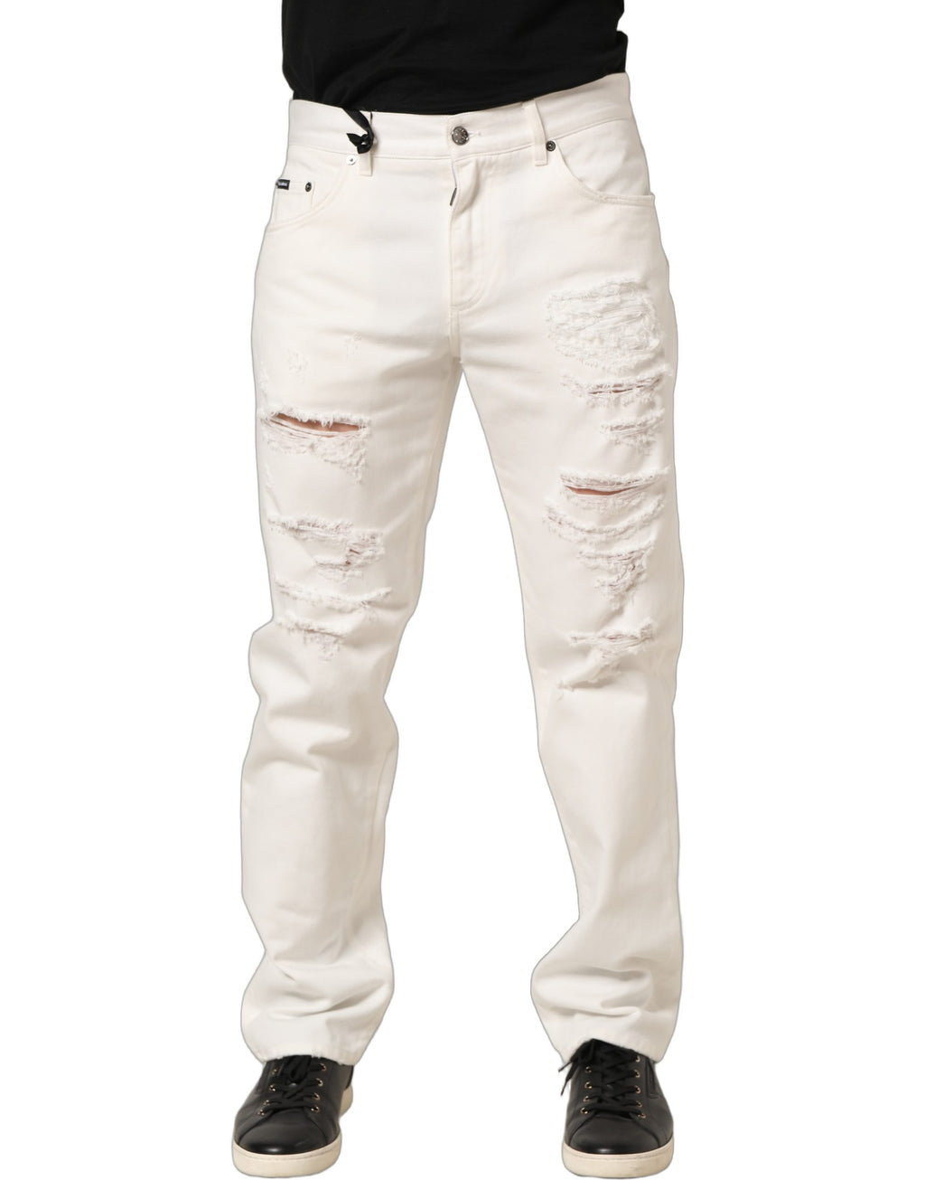 Jeans en denim blanc Dolce & Gabbana, coupe droite, déchirés et usés, en coton, avec détails décontractés.