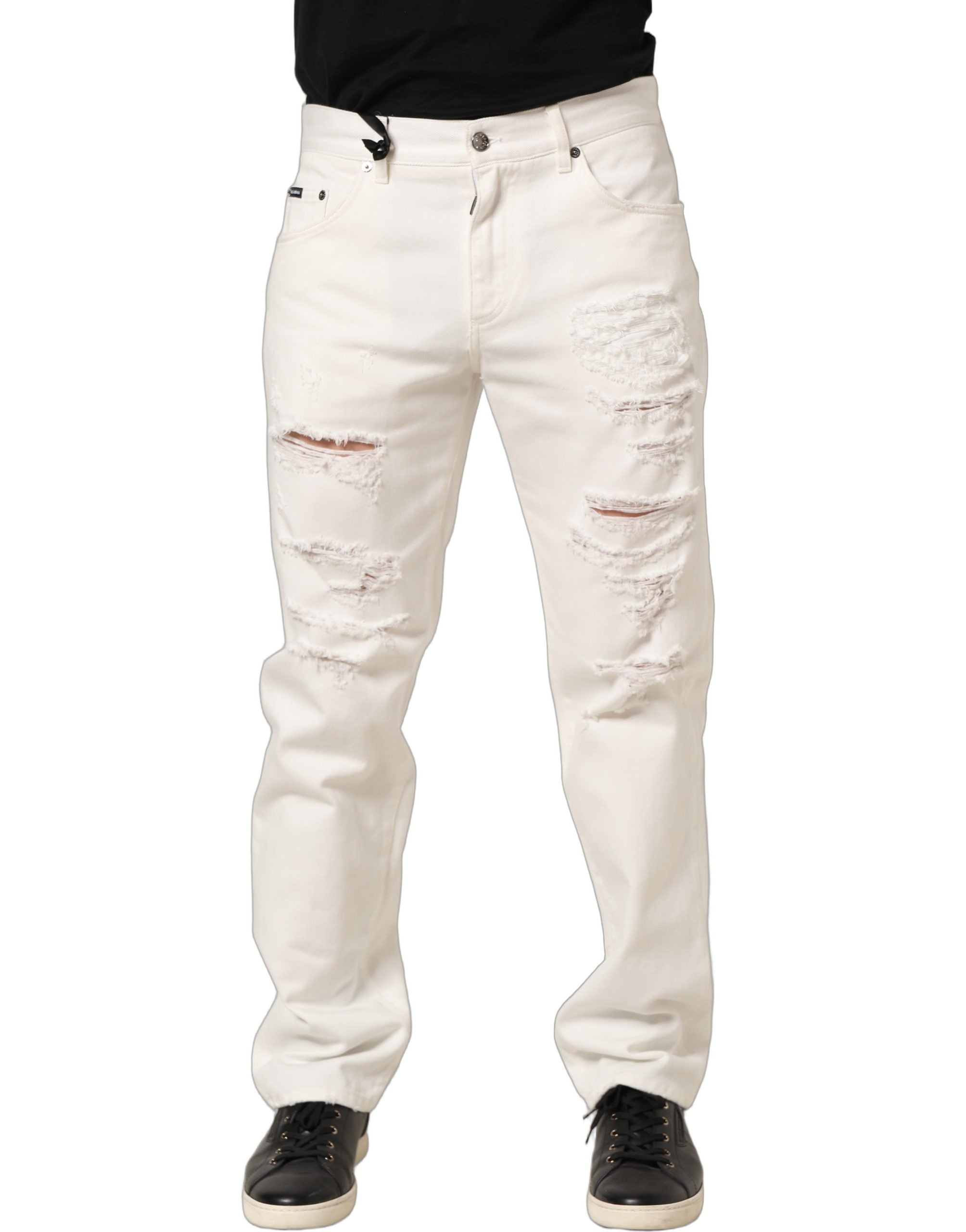 Jeans en denim blanc Dolce & Gabbana, coupe droite, déchirés et usés, en coton, avec détails décontractés.