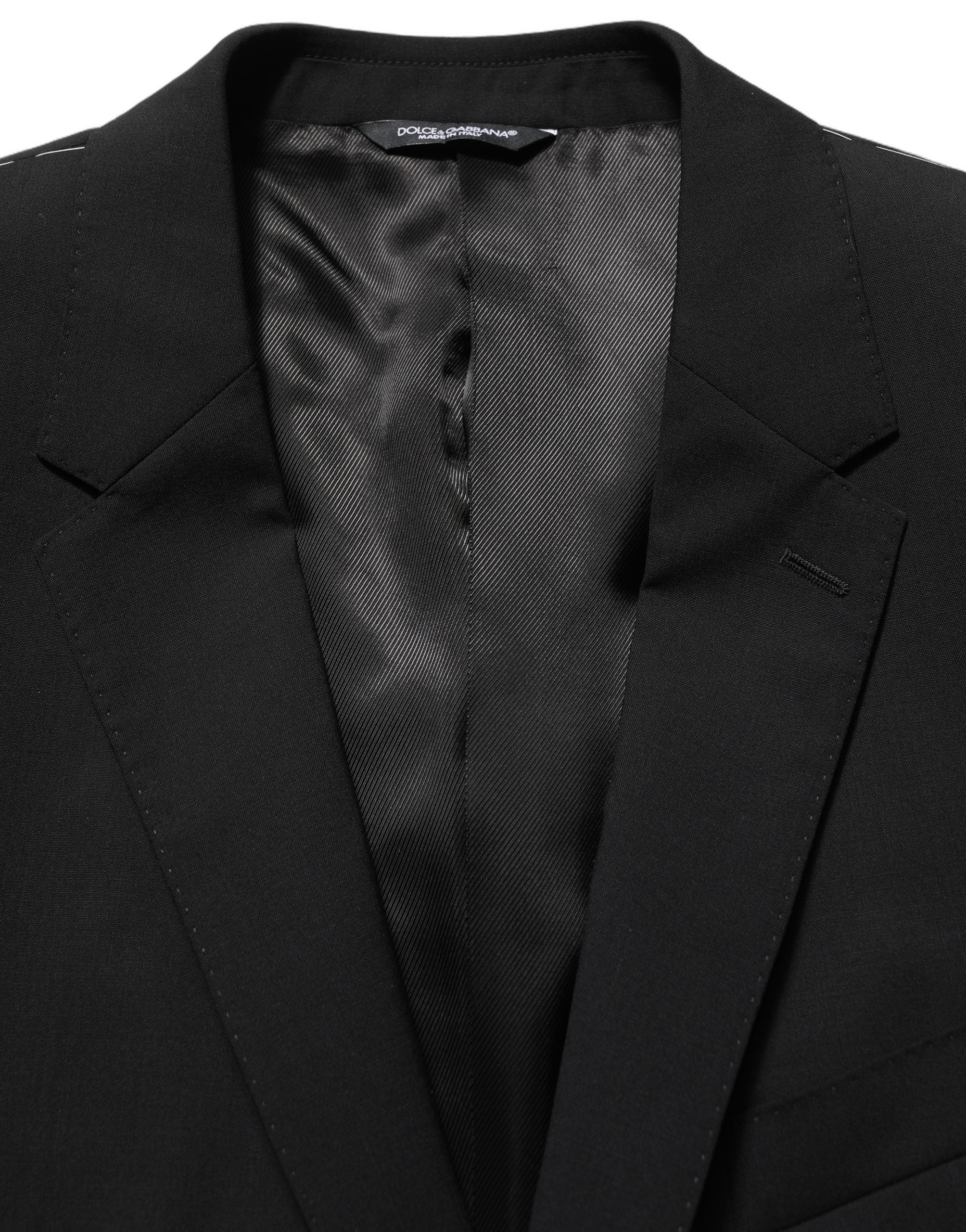 Costume 3 pièces homme en laine noire Dolce & Gabbana, coupe slim, costume formel élégant avec veste, pantalon et gilet.