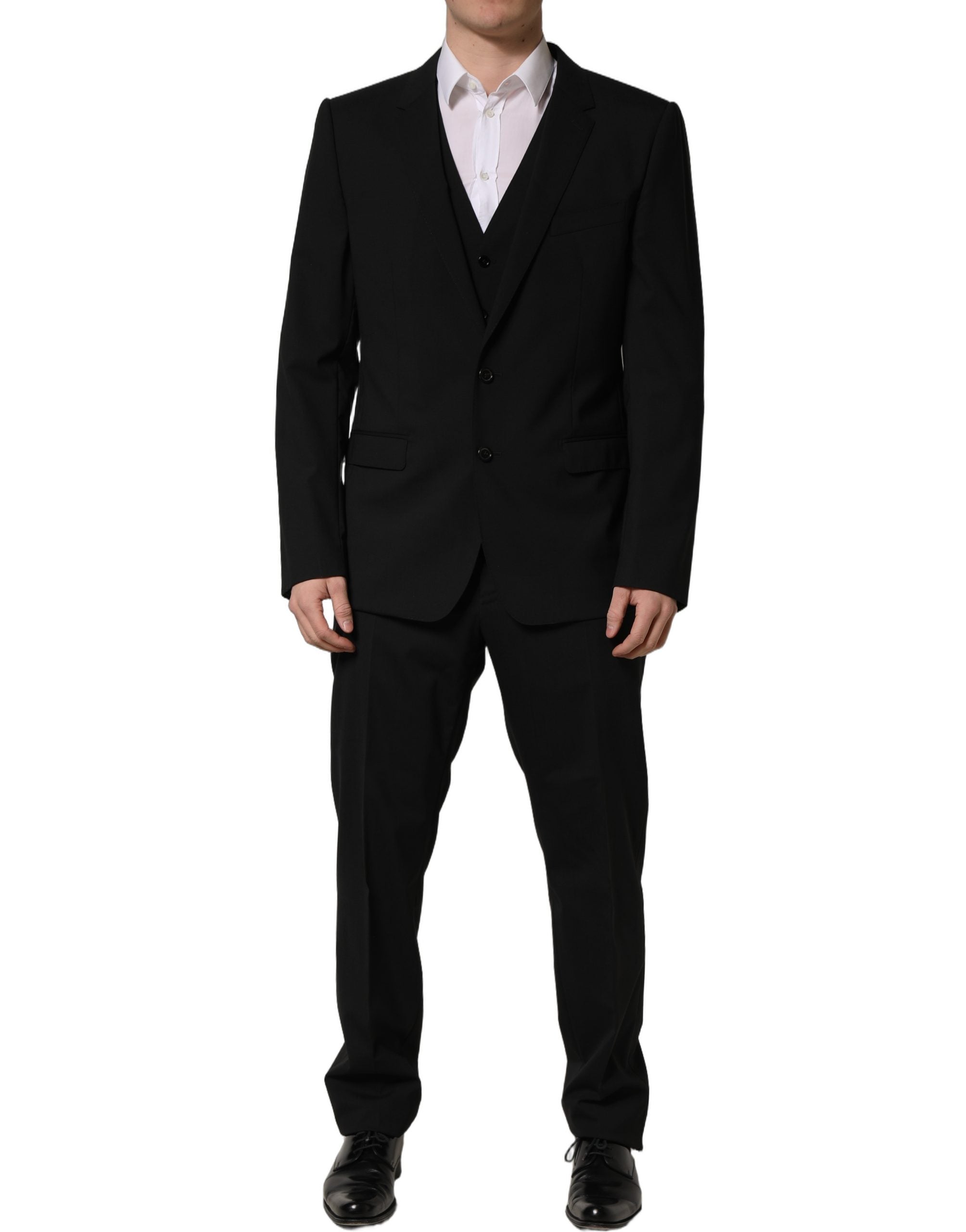 Costume homme noir en laine Dolce & Gabbana, costume trois pièces ajusté et élégant pour occasions formelles.