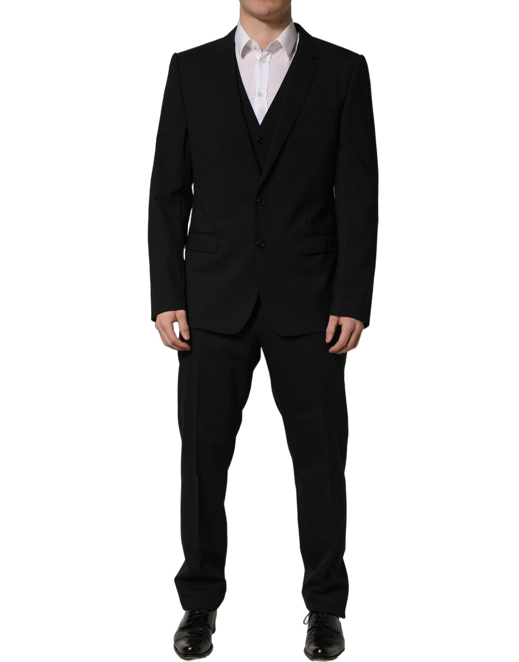 Costume homme noir Dolce & Gabbana, costume trois pièces en laine slim fit formel avec veste, pantalon et gilet.