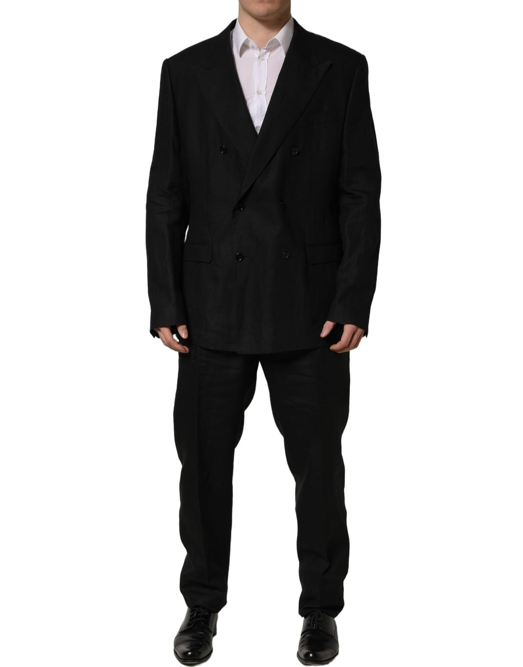 Costume homme en lin noir Dolce & Gabbana, costume formel deux pièces, coupe slim, veste et pantalon élégants.