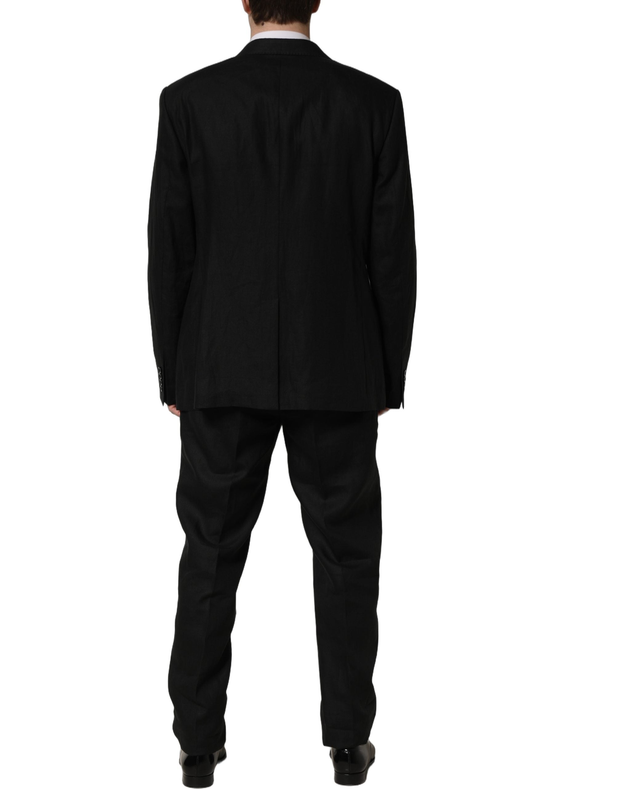 Costume 2 pièces en lin noir Dolce & Gabbana, costume formel ajusté, veste et pantalon élégants pour homme.