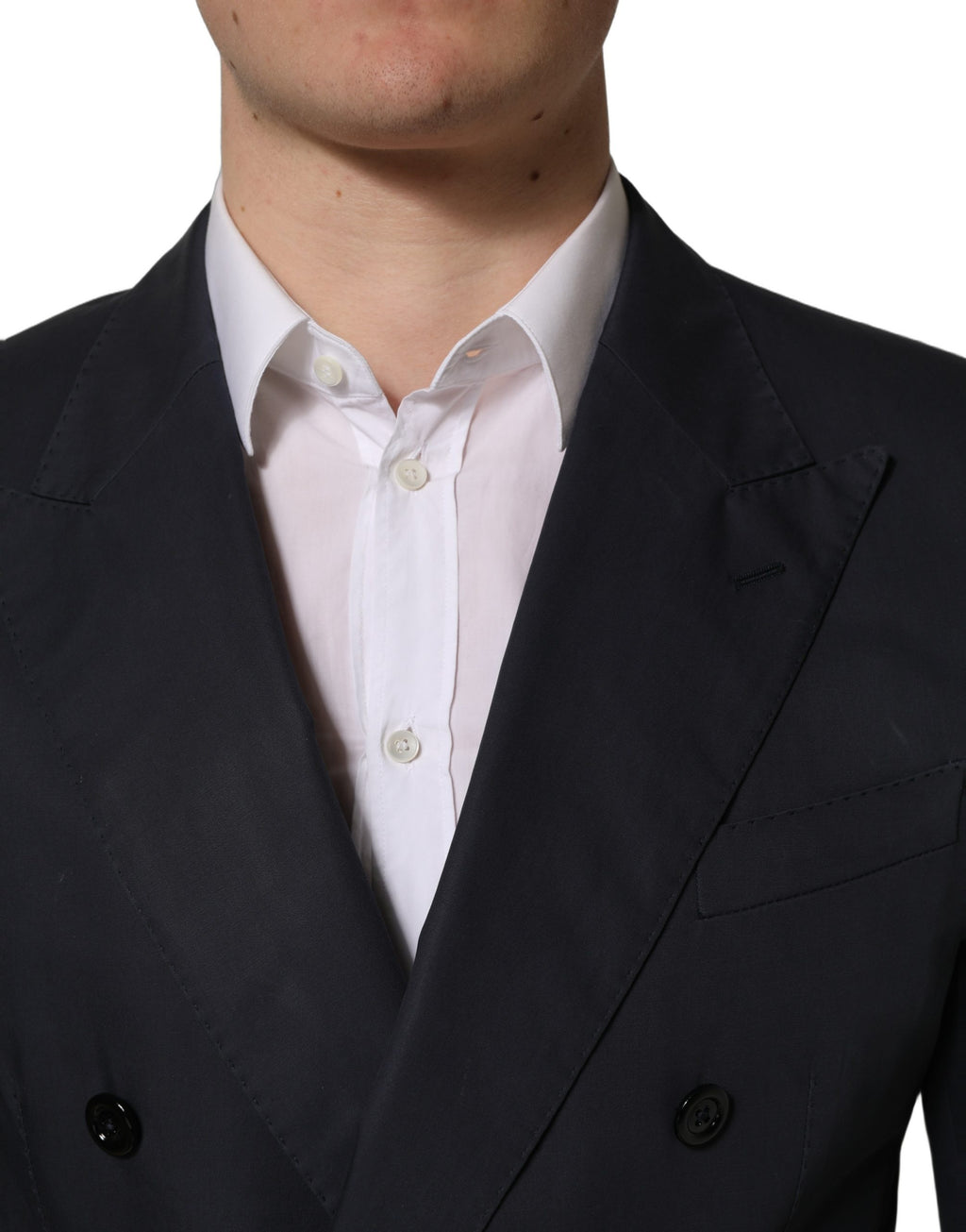 Costume deux pièces homme Dolce & Gabbana en coton bleu, coupe slim fit, style formel.