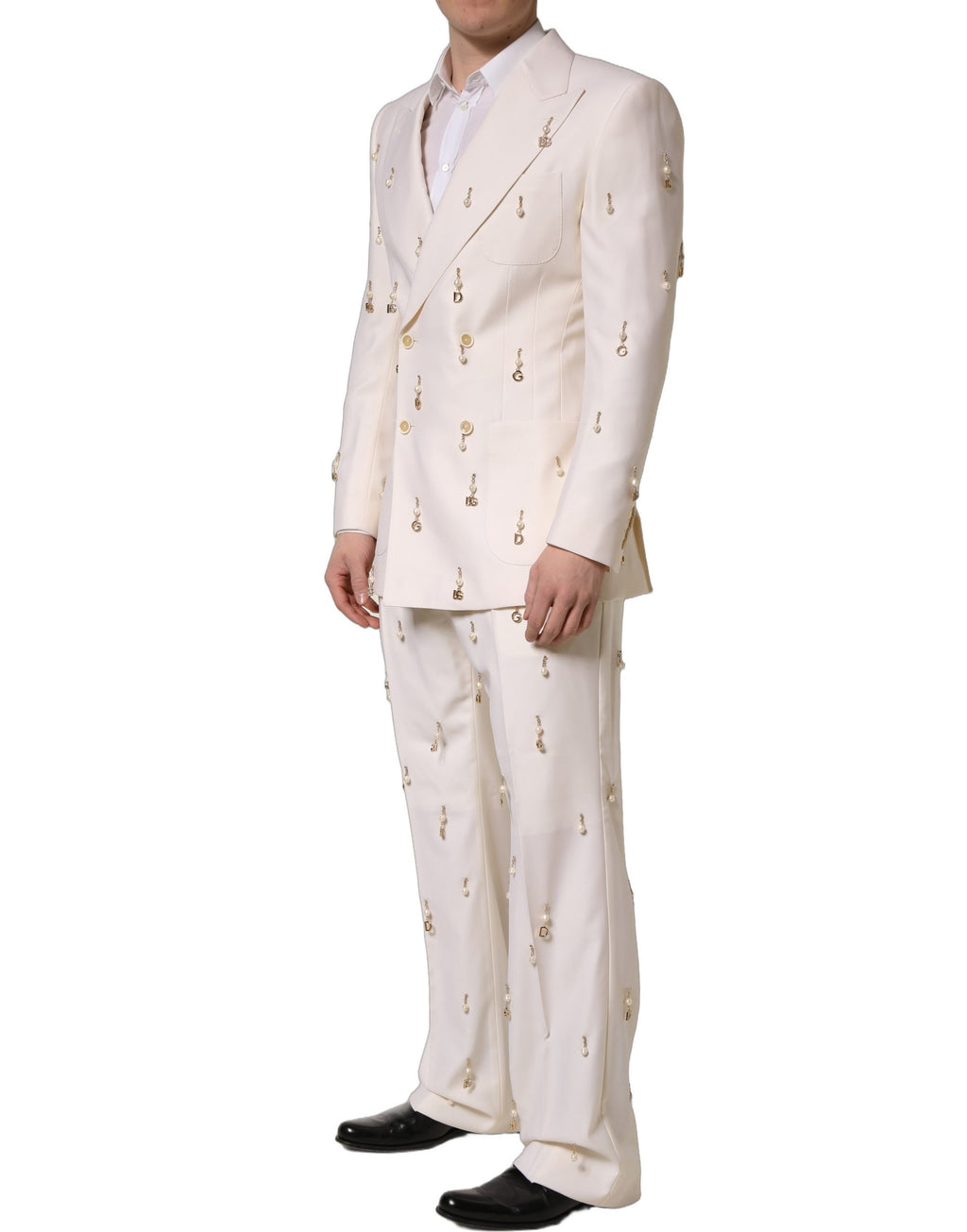 Costume homme Dolce & Gabbana en laine blanche, costume deux pièces slim fit formel, vue de l'avant.