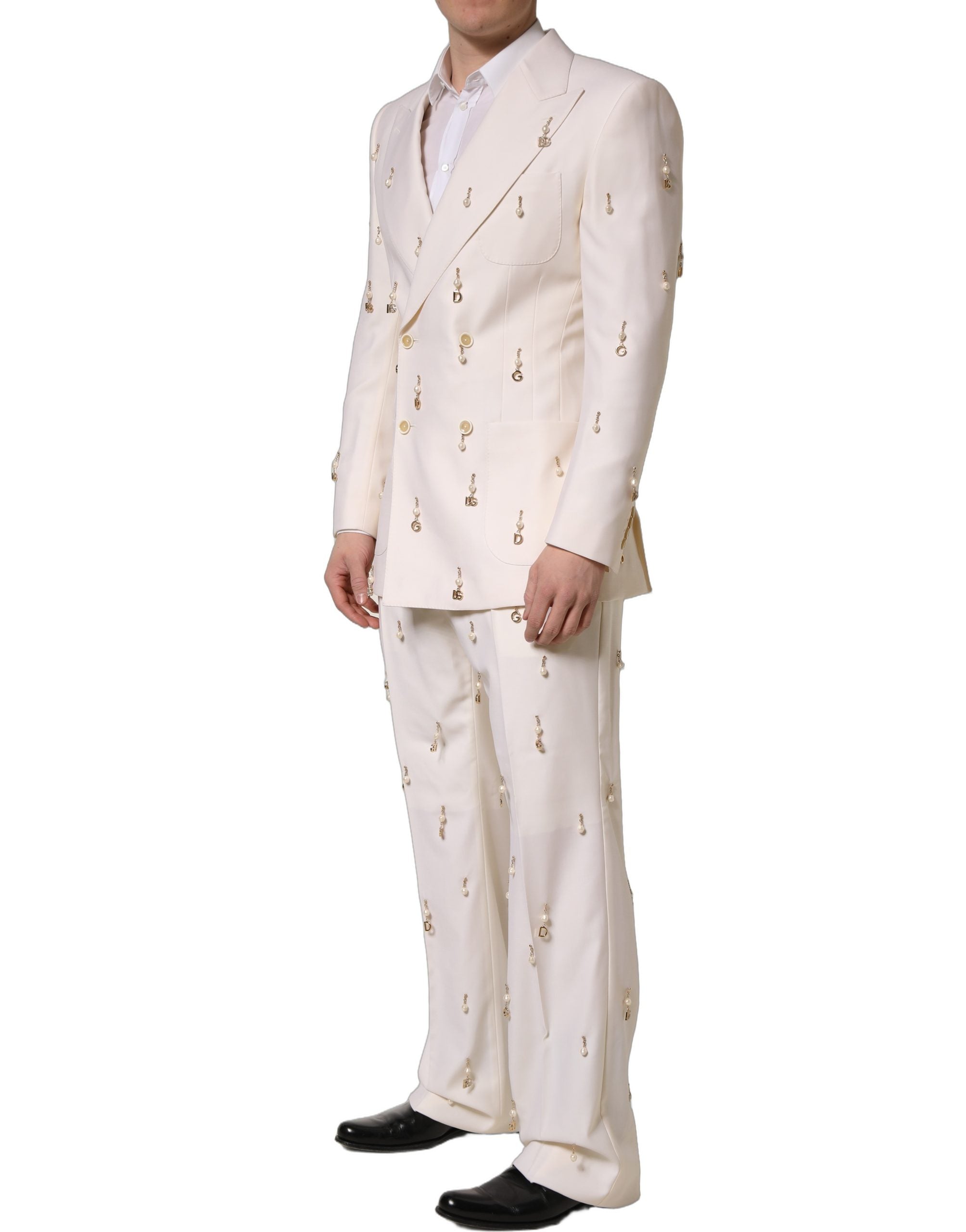 Costume homme Dolce & Gabbana en laine blanche, costume deux pièces slim fit formel, vue de l'avant.