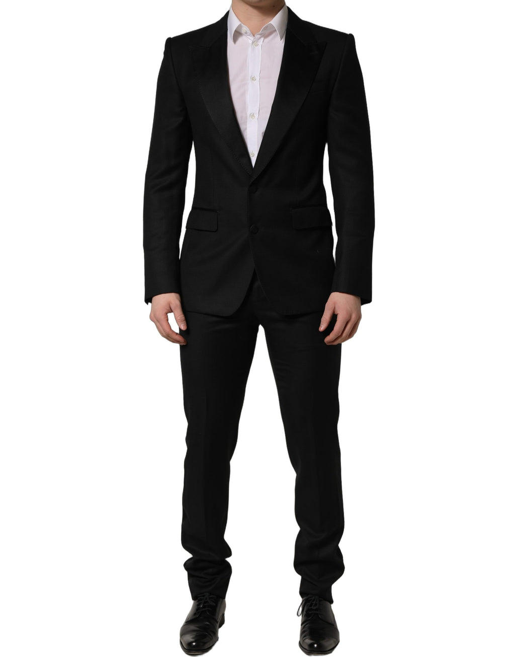 Costume homme noir en laine Dolce & Gabbana, ensemble formel 2 pièces, coupe slim fit, veste et pantalon élégants.
