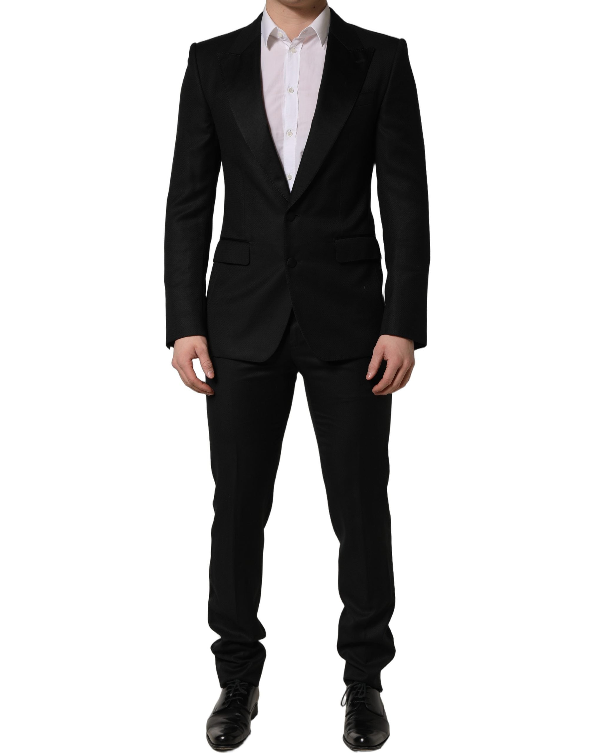 Costume homme noir en laine Dolce & Gabbana, ensemble formel 2 pièces, coupe slim fit, veste et pantalon élégants.