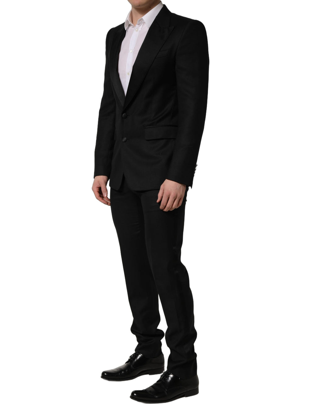 Costume homme Dolce & Gabbana en laine noire, coupe slim, costume formel 2 pièces, adapté pour occasions élégantes.