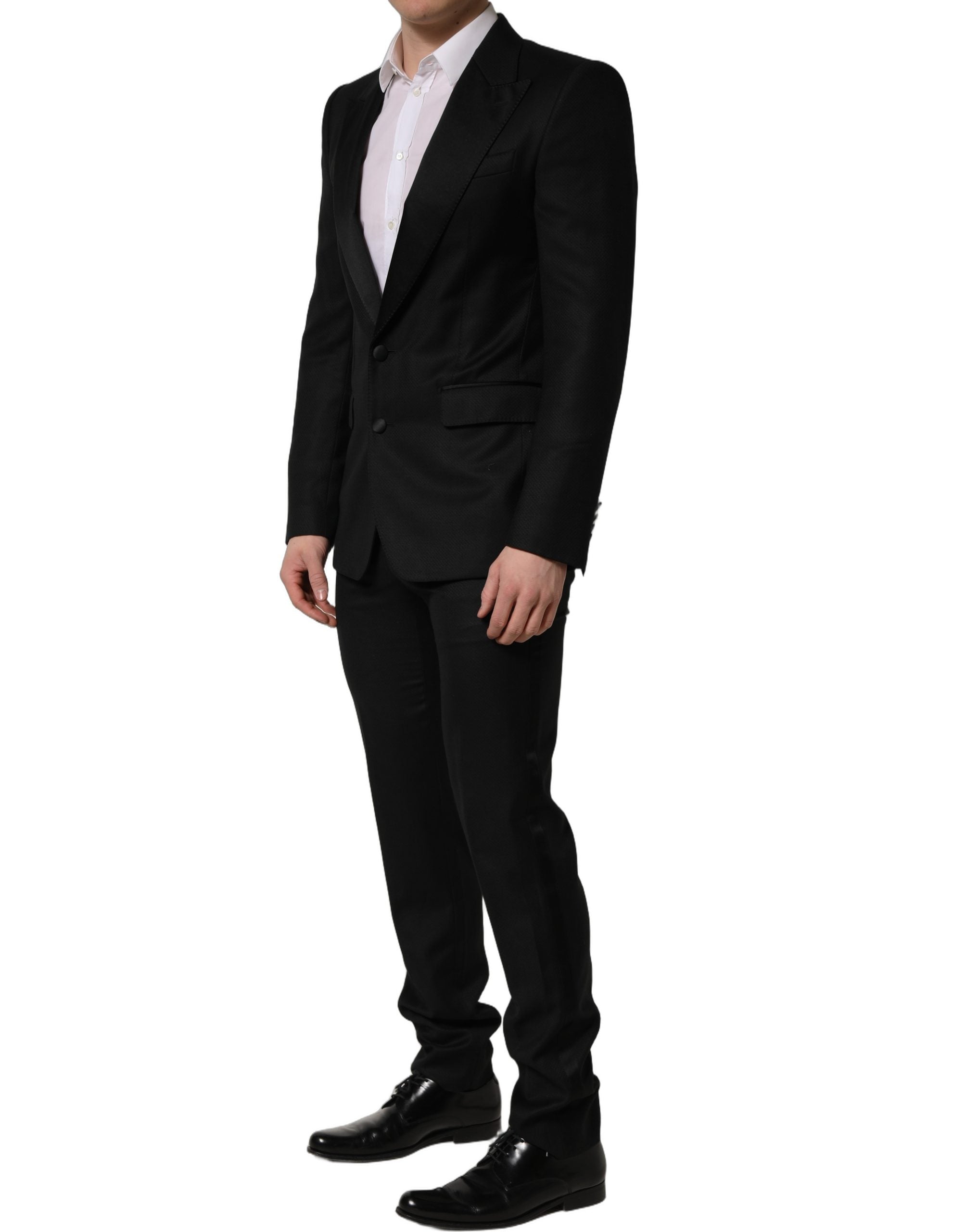 Costume homme Dolce & Gabbana en laine noire, coupe slim, costume formel 2 pièces, adapté pour occasions élégantes.