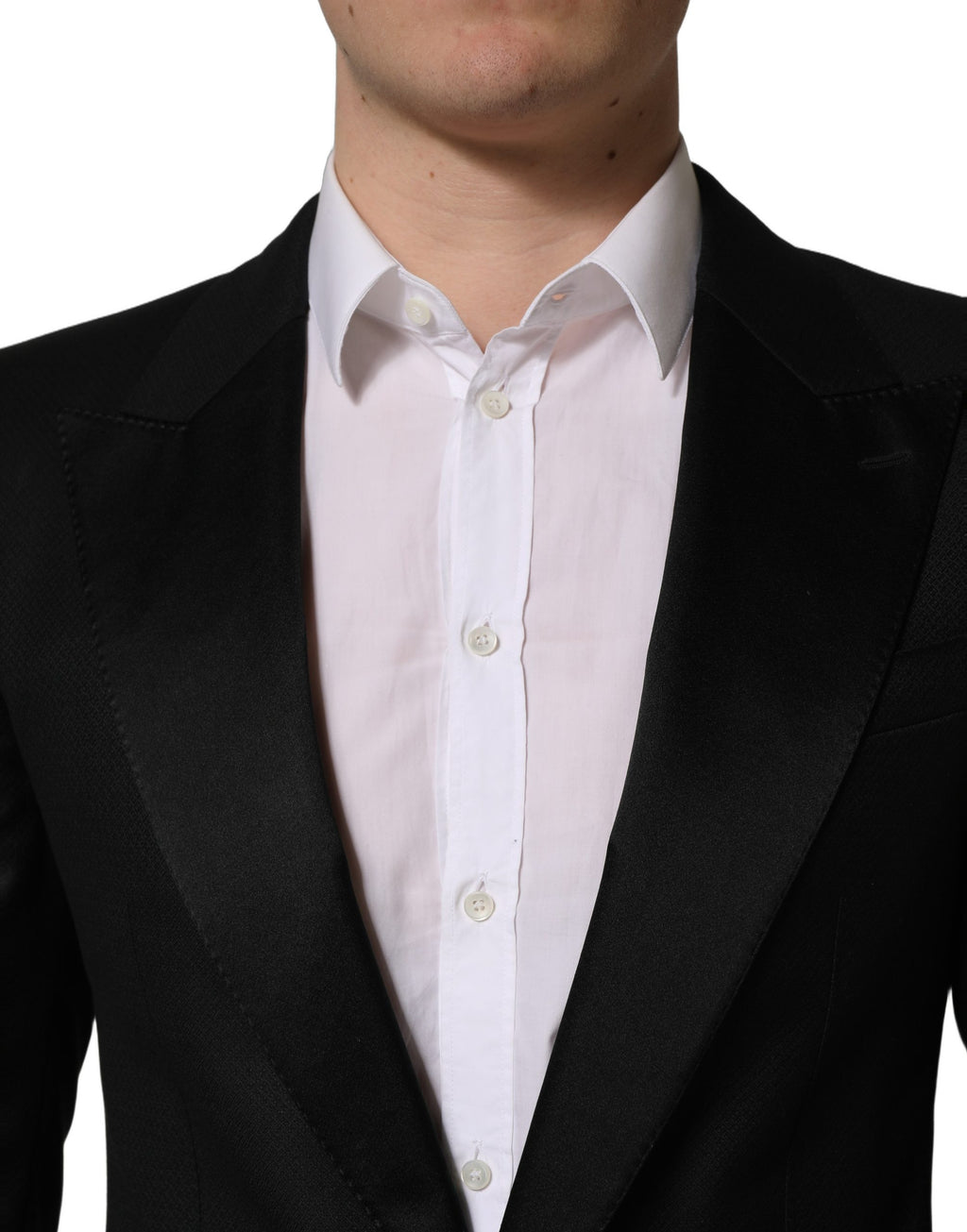 Costume homme Dolce & Gabbana en laine noire, costume slim fit formel 2 pièces, vue de devant avec détails élégants.