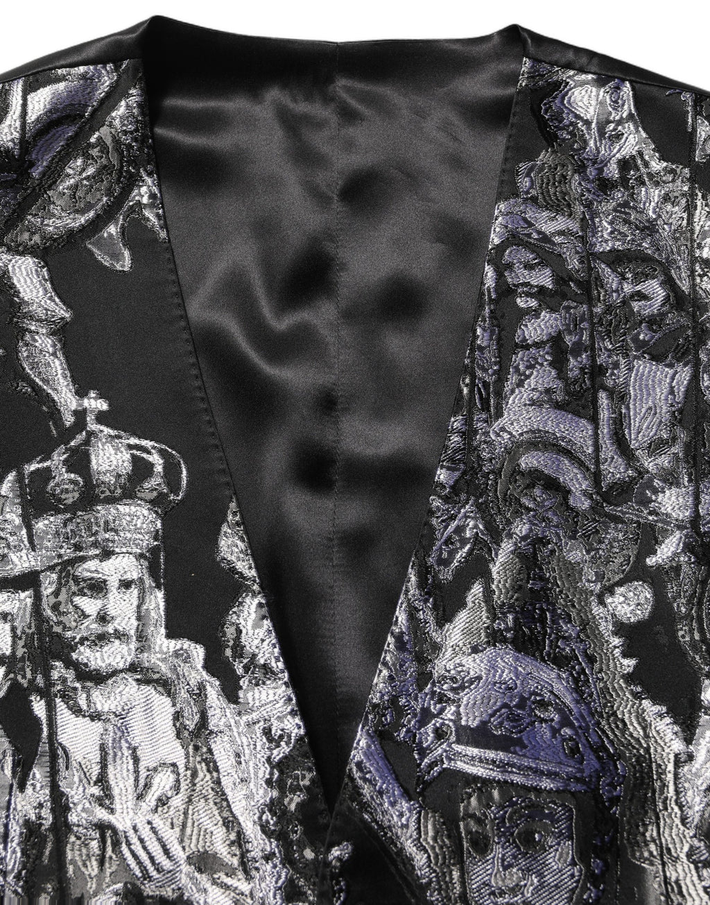 Costume trois pièces noir en jacquard Dolce & Gabbana, costume formel slim fit avec veste, pantalon et gilet.